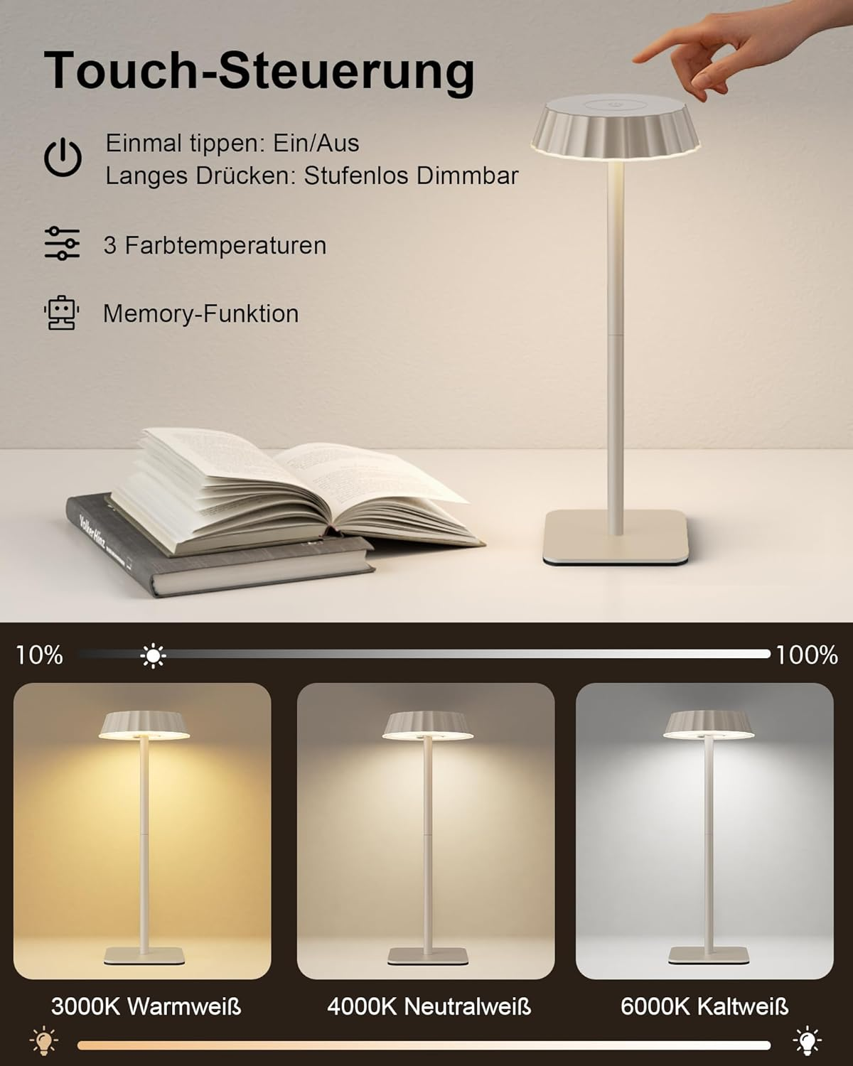 Eppiebasic LED Table Lamp Wireless Battery: 18 W Quick Charge 5000 Mah Battery - Portable Modern Table Lamp Outdoor - IP65 Waterproof for Living Room Dining Room image number 5