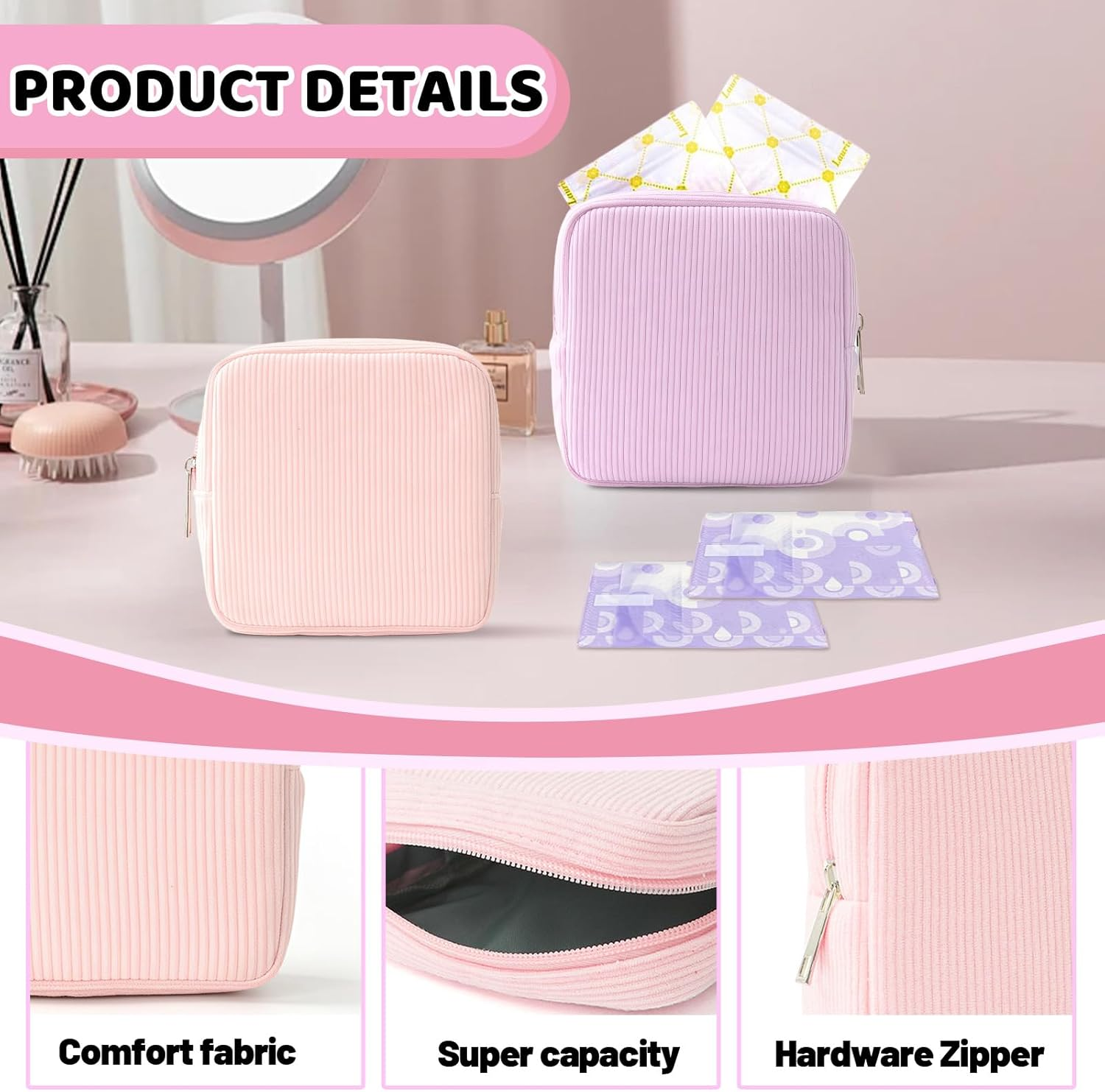 LUMOOM Pack of 2 Sanitary Towels Storage Tampon, Cosmetic Bag Small for Handbag Made of Corduroy, Sanitary Napkin Bag with Metal Zip, Make up Bag for Girls (Pink + Purple), Pink + Purple image number 4