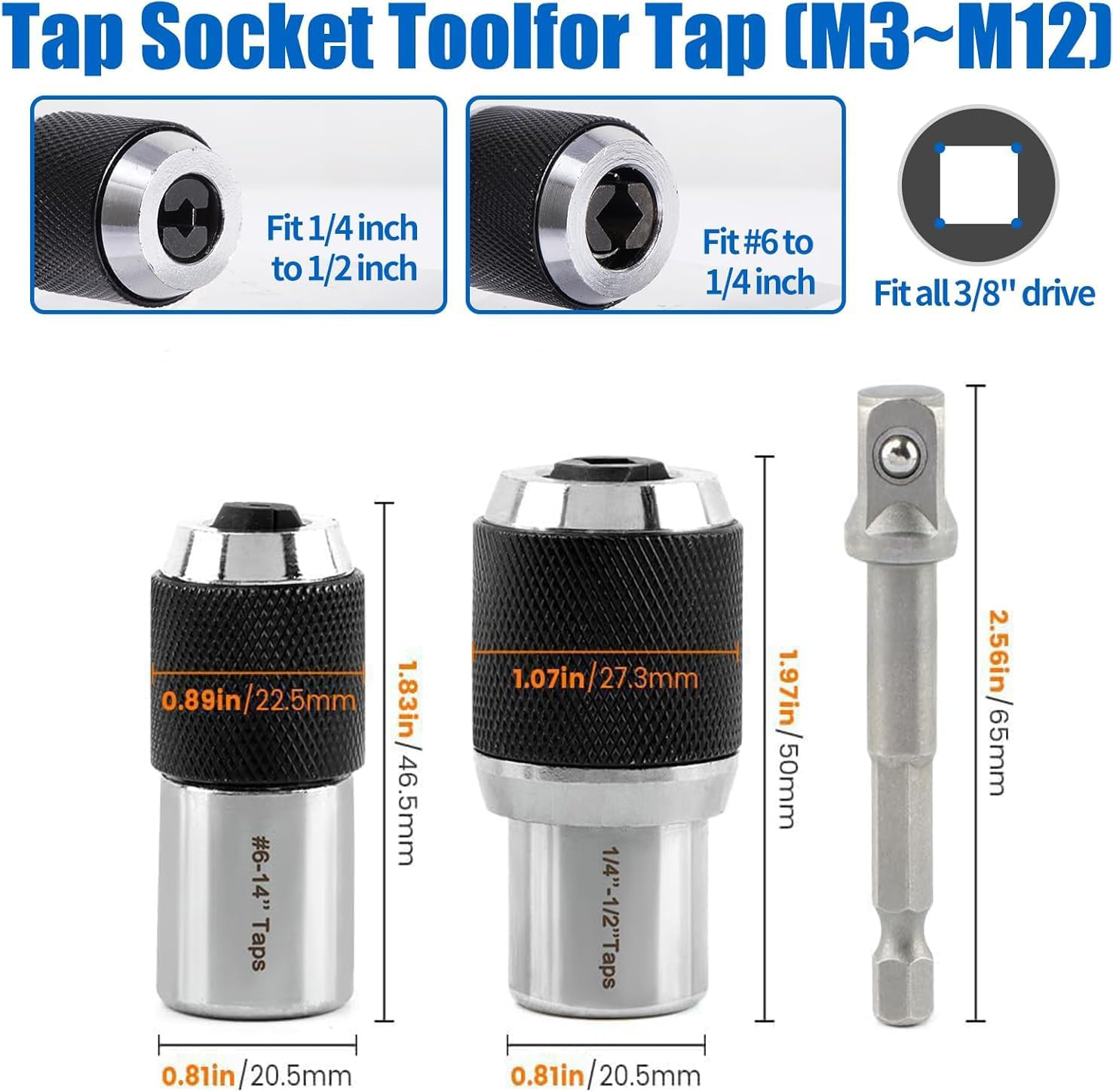 KEWAYO 3PCS Adjustable Tap Socket Set,Tap Sockets with a 3/8" Socket Adapter, Adjustable Tap Extractor Tool,Suitable for Taps,Reamers,Screw Extractors image number 2