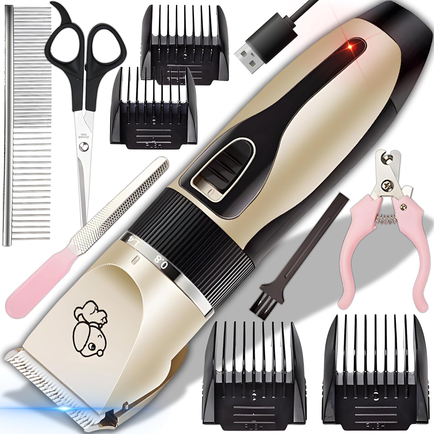 Retoo Dog Clipper for Dogs and Cats with 4 Attachments Cordless Comb, Scissors, File, Pet Hair Trimmer, Dog Trimmer, Rechargeable Pet Hair Trimmer, Dog Grooming Clippers, Gold image number 4