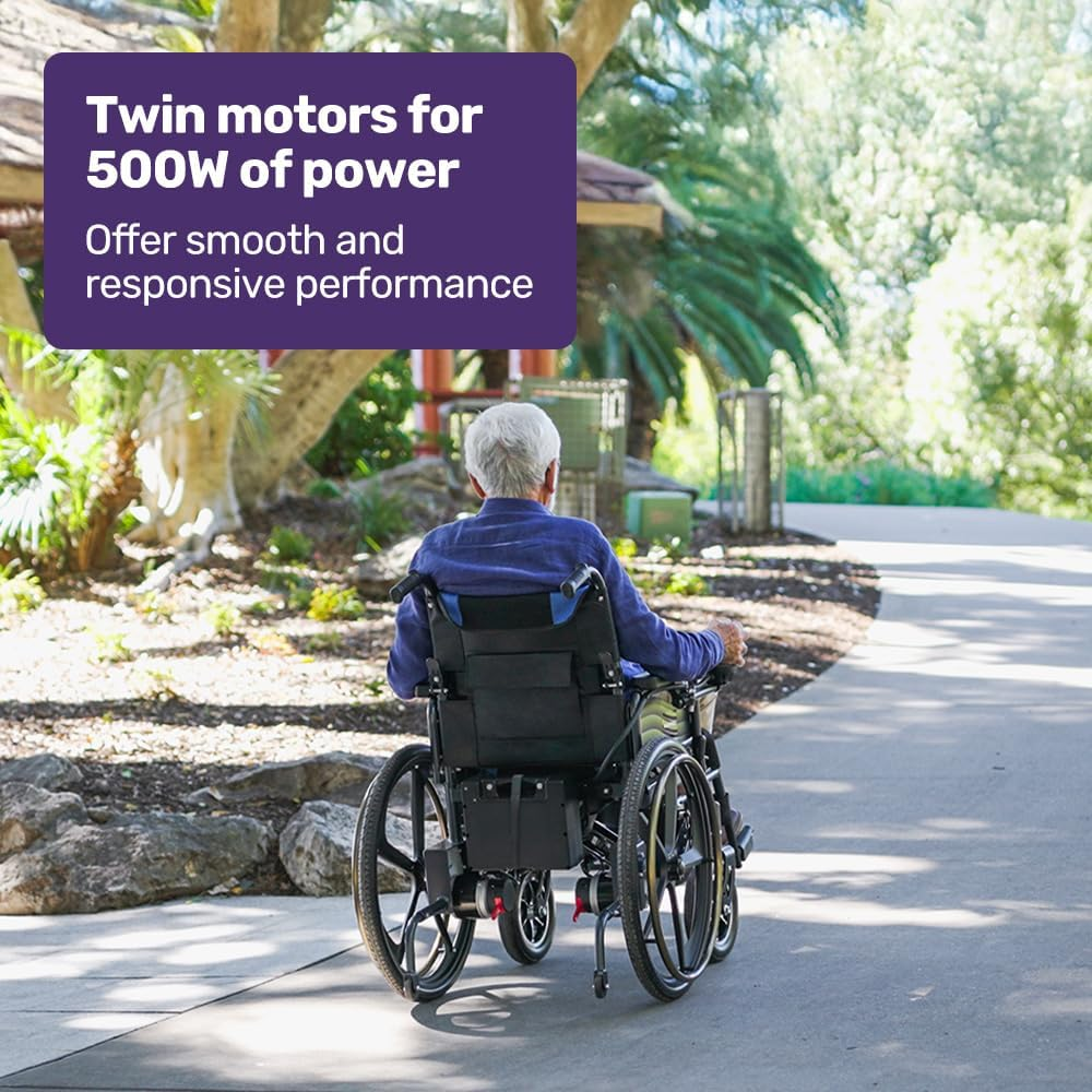 "Equipmed Electric Wheelchair Folding, Long Range, Airline Approved, Lithium Battery, 24"" Light Rear Wheels, Matte Black/Blue" image number 5