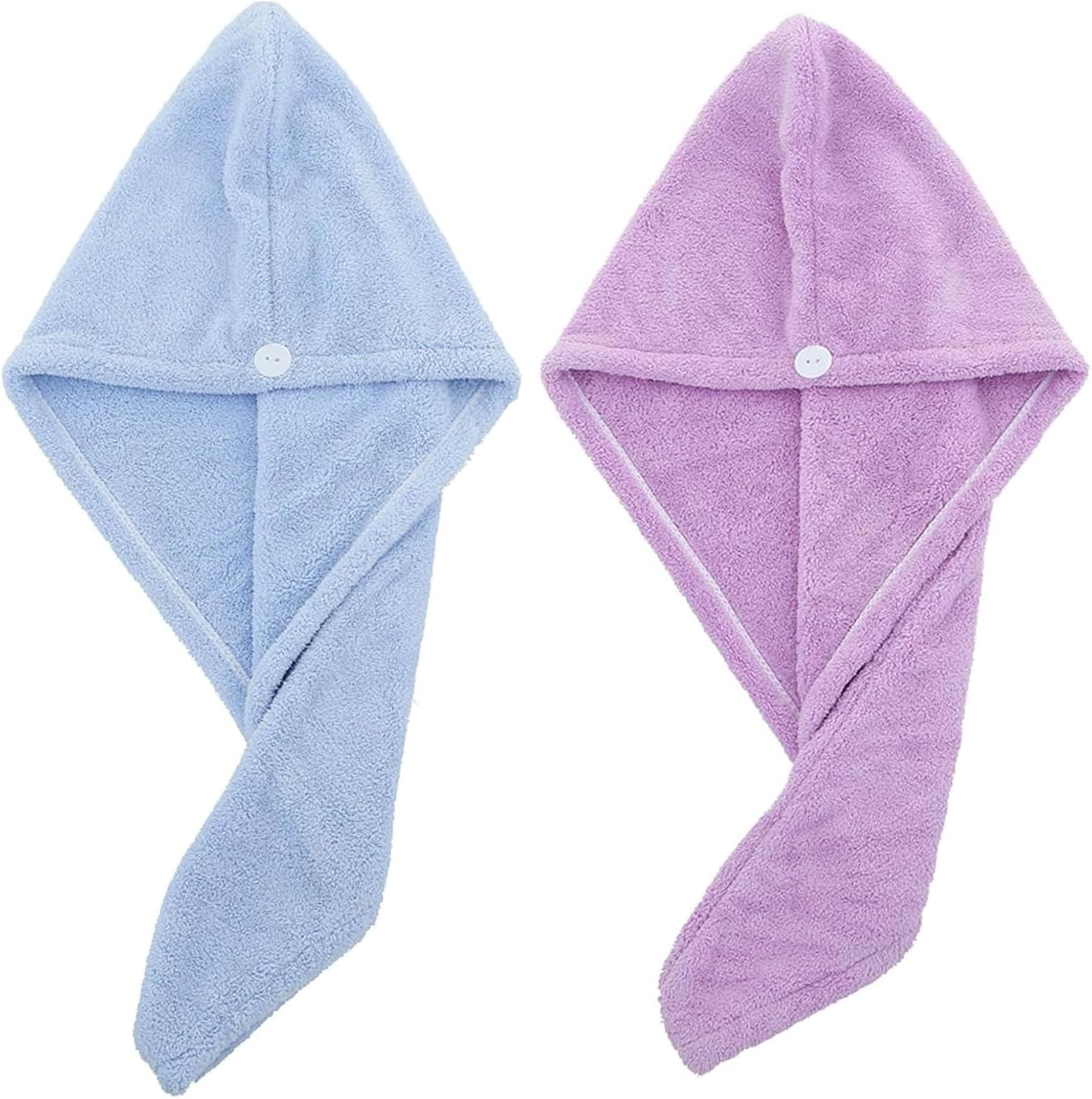 2PCS Microfiber Hair Towel - Super Absorbent Hair Turbans for Wet Hair- anti Frizz Head Towels Wrap - Drying Towels with Button for Long Curly and Thick Hair (Blue + Purple) image number 1