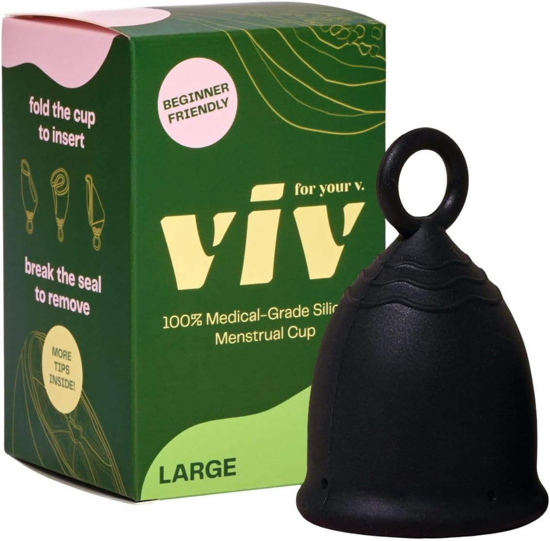 Viv for Your V Large Premium Menstrual Cups for Heavy Flow, Ring Stem Easy Removal, Soft Tampon Alternative for Active Lifestyle, Comfortable 12 Hour Wear, Medical-Grade Silicone Reusable Period Cup
