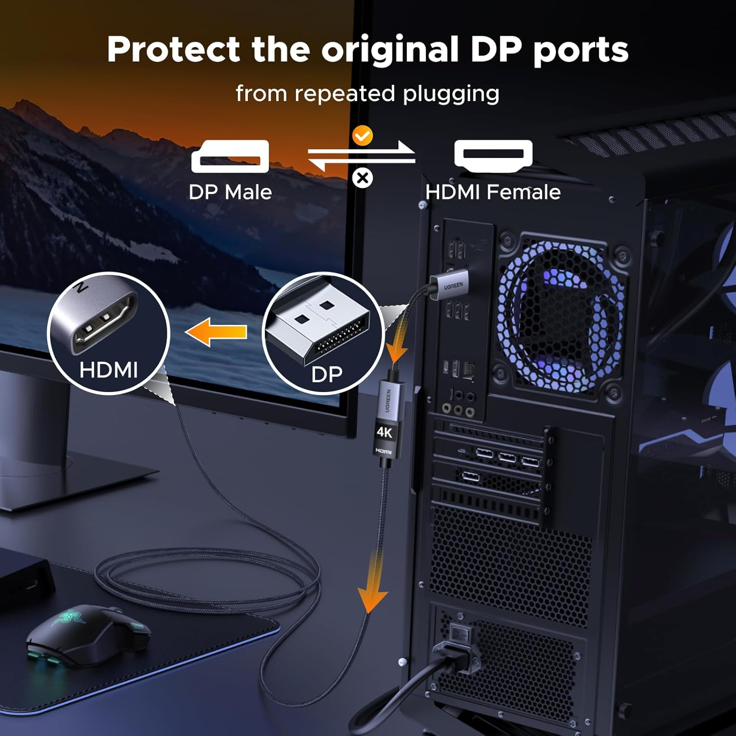 UGREEN 1 Pack Displayport to HDMI Adapter 4K, Unidirectional DP 1.2 to HDMI 1.4 Converter Braided Cable Male to Female for Desktop, Projector, Monitor, Compatible with AMD, Passive 20CM image number 4