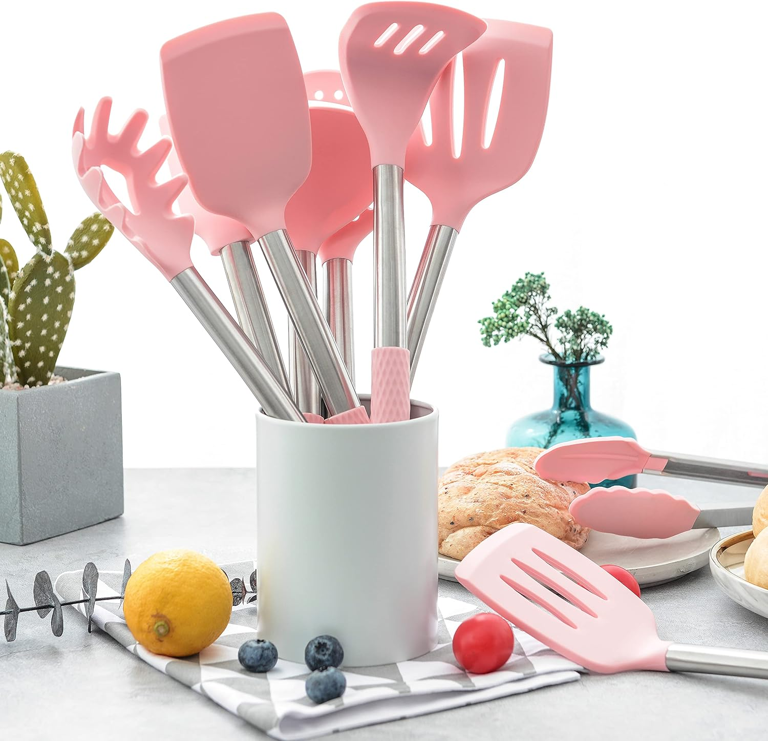 Rorence Kitchen Utensil Cooking Utensil Set for Baking Mixing: 12 Pieces Kitchen Gadgets Non-Stick & Heat Resistance Silicon and Stainless Steel Handles (Utensil Holder Not Included) - Pink - Blue image number 4