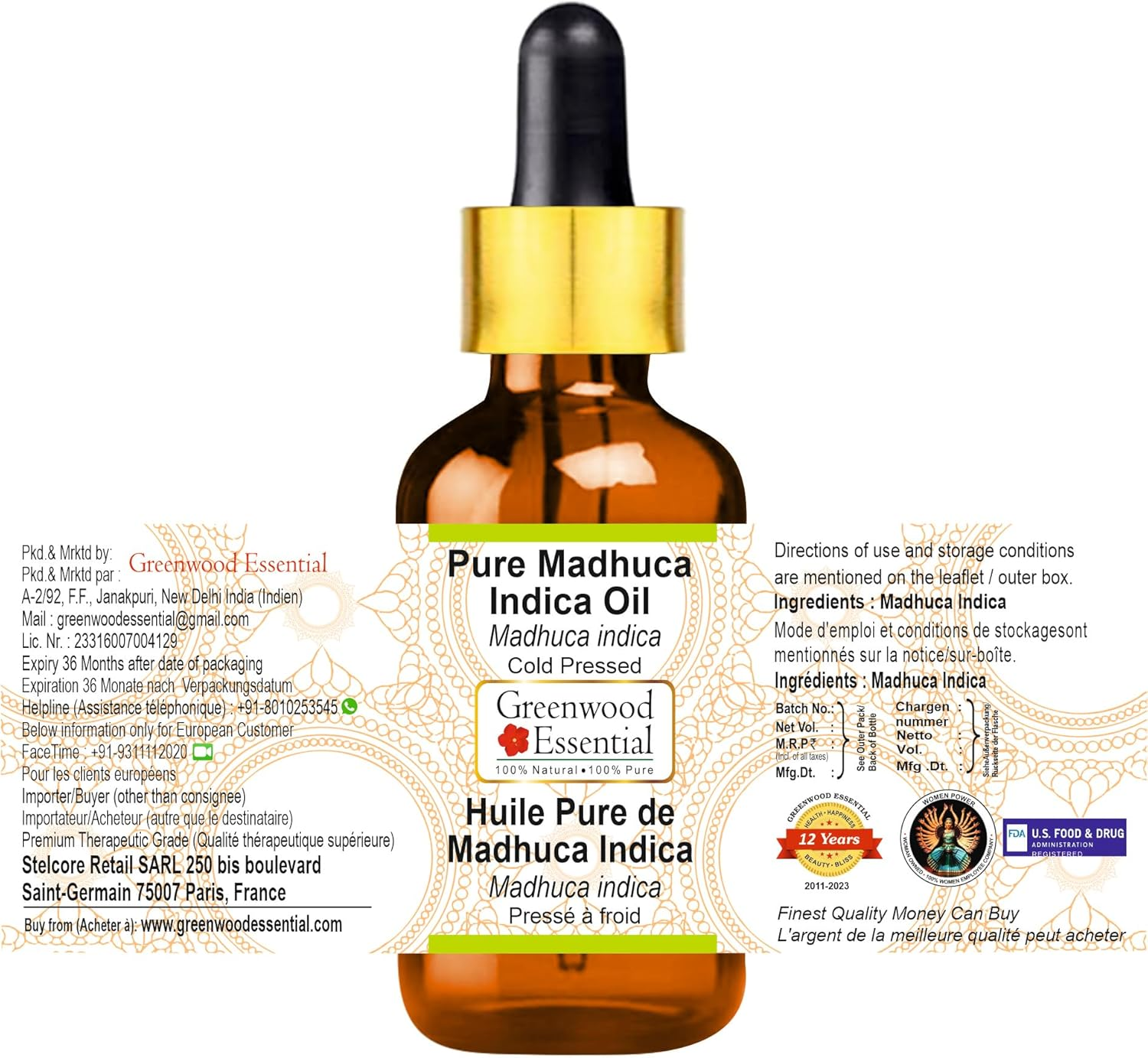 Greenwood Essential Pure Madhuca Indica Oil (Madhuca Indica) with Glass Dropper Cold Pressed 15Ml (0.50 Oz) image number 5