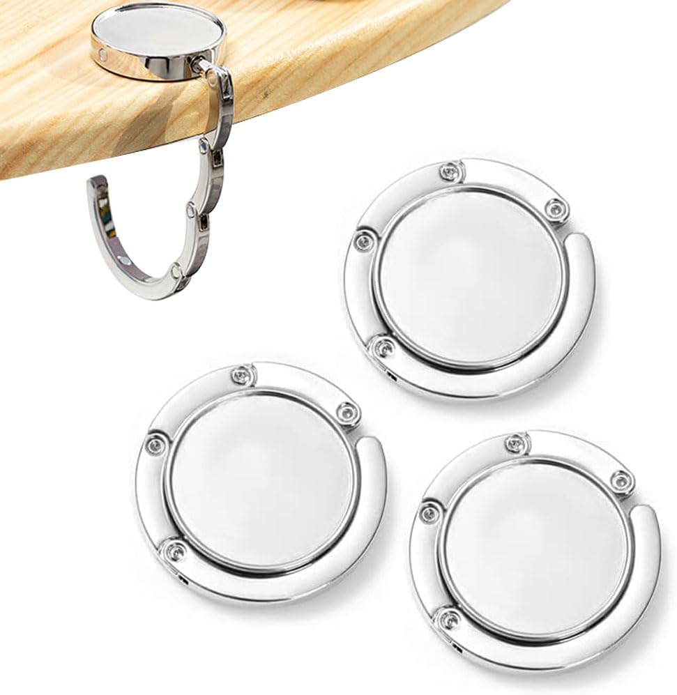3 PCS Foldable Purse Hook Floding Handbag Hanger Premium Women'S Rhinestone Bag round Holder for Table Desk (Silvery)