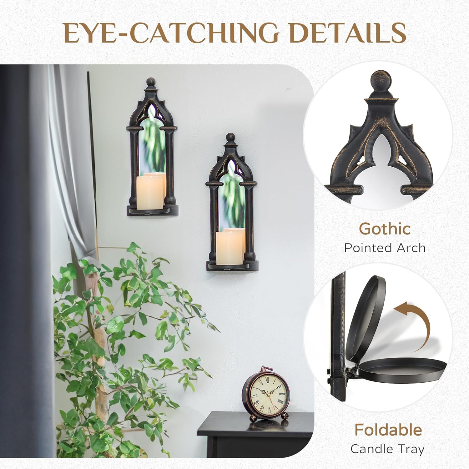 Walasis Candle Sconces Black Wall Decor - Gothic Mirror Wall Candle Holder - Wood Farmhouse Candles Sconce Set of 2 image number 3