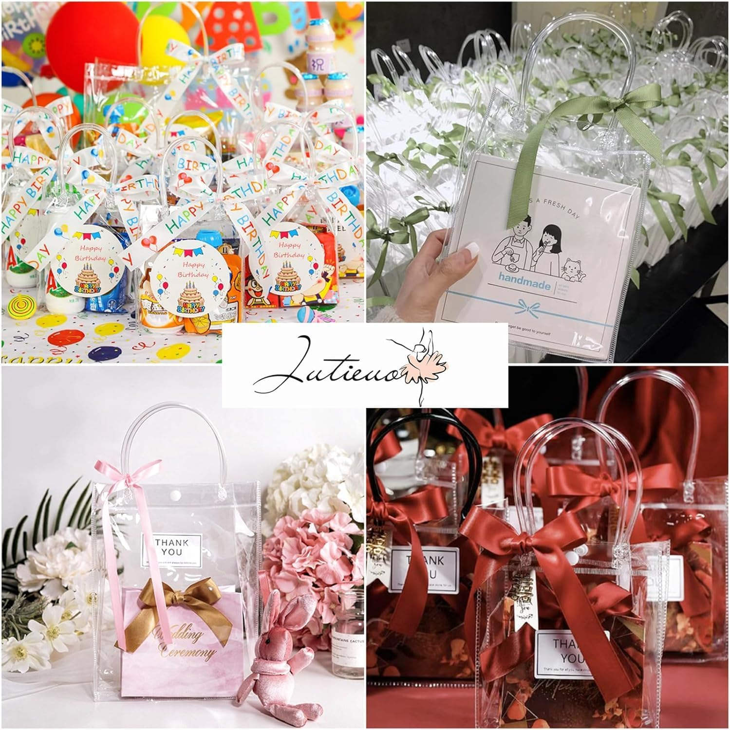 Acaiciee 15 PCS Clear Gift Bags with Handles, 6.89" X 6.89" X 3.54", Reusable Transparent Plastic Clear Gift Bags for Wedding, Birthday, Baby Shower, Party, Halloween, Christmas image number 4