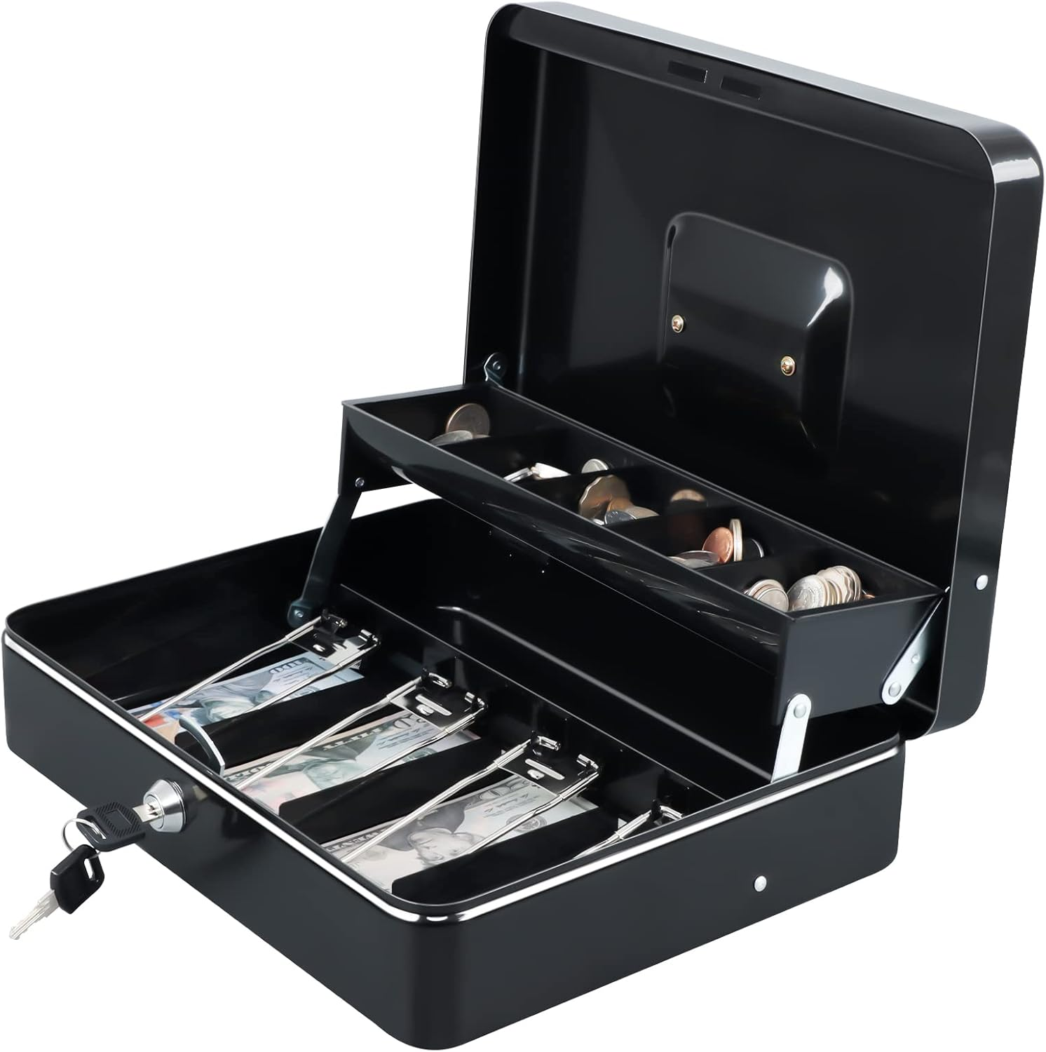 Xydled Cash Box with Money Tray and Key Lock,Tiered, Cantilever Design,4 Bill / 5 Coin Slots,11.8" X 9.5" X 3.5",Black