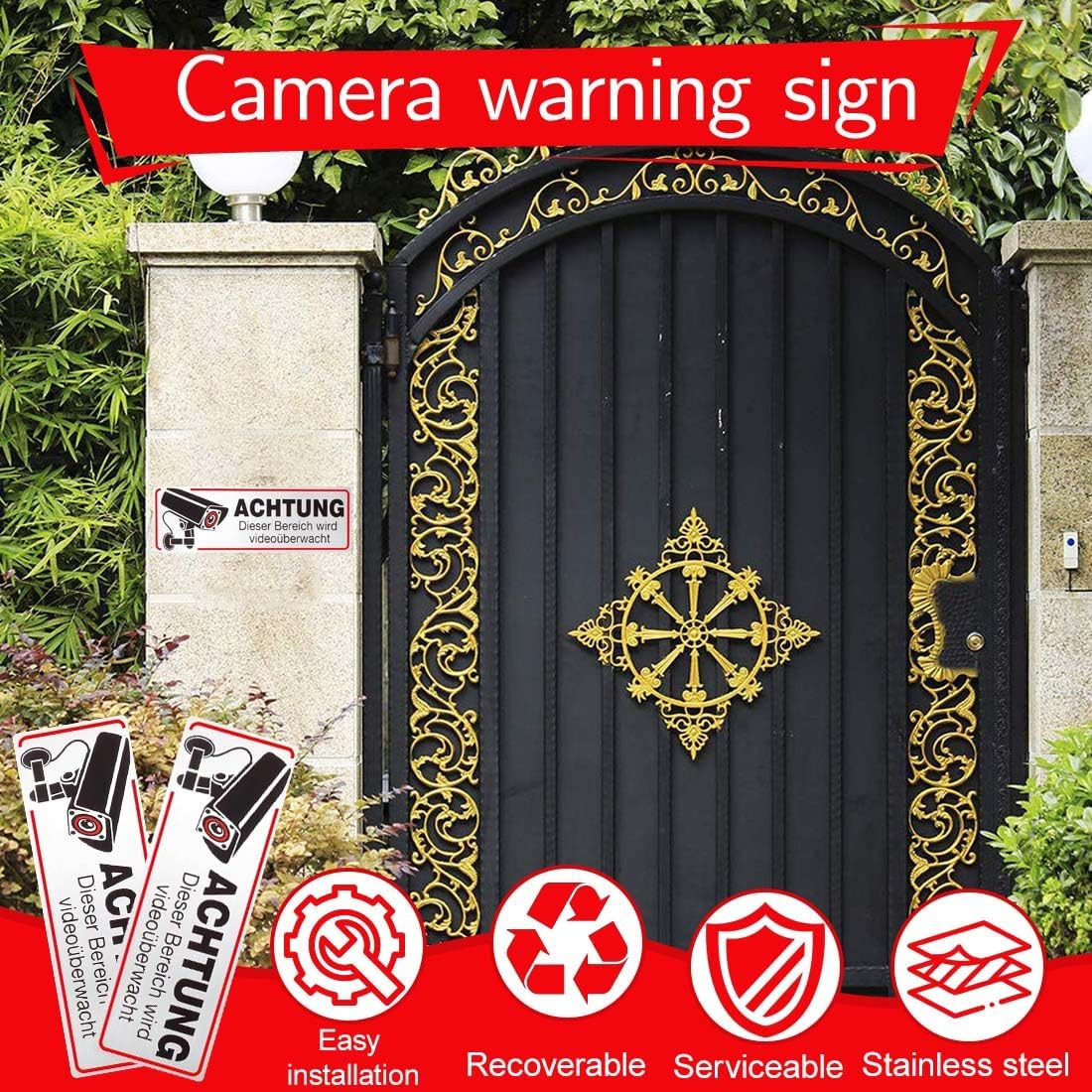 IEBTAWN Set of 2 Sign Video Surveillance Private Property Self-Adhesive 12 X 4 Cm Small Aluminium Security Area Property Video Surveillance Metal Sign for Indoor and Outdoor image number 4