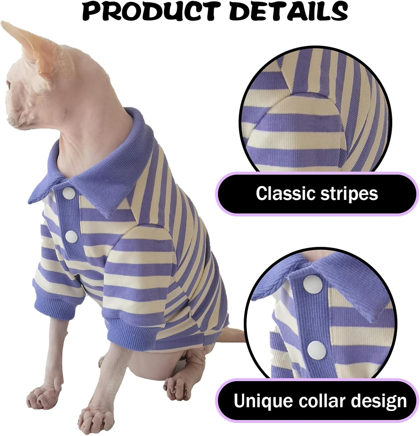 IUOUTG Stripes Sphynx Hairless Cat T-Shirts Breathable Cotton Kitten Shirt Funny Cat Clothes Pullover Cat Pajamas Summer Elastic Pet Costumes for Female Male Cats image number 5