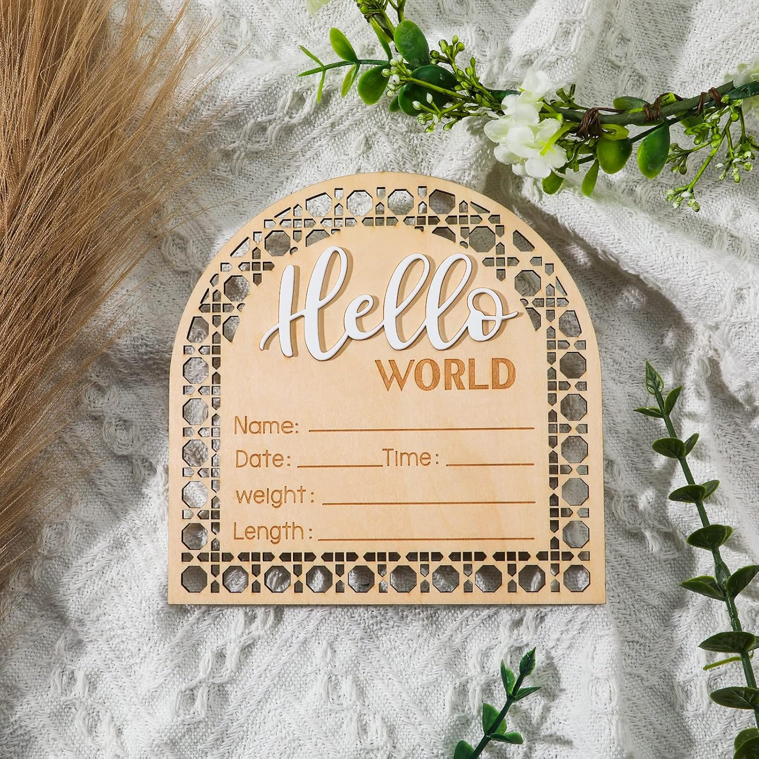 Baby Announcement Sign, 5.5 Inch Wooden Birth Newborn Welcome Sign Hello World New Baby Name Sign, Name Plaques for Girl Boys Photo Prop Baby Shower Nursery Hospital