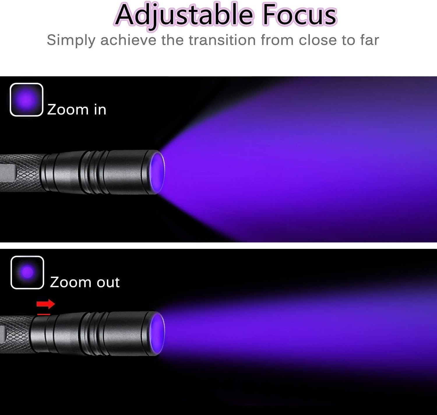 Geekhigh 395Nm UV Torch, Zoomable Pen Black Light Torch with 2 X AAA Batteries, Ultraviolet Torch, Pet Urine Detector for Cat, Dog, Stains, Bed Bug, Scorpion, Toilet image number 5