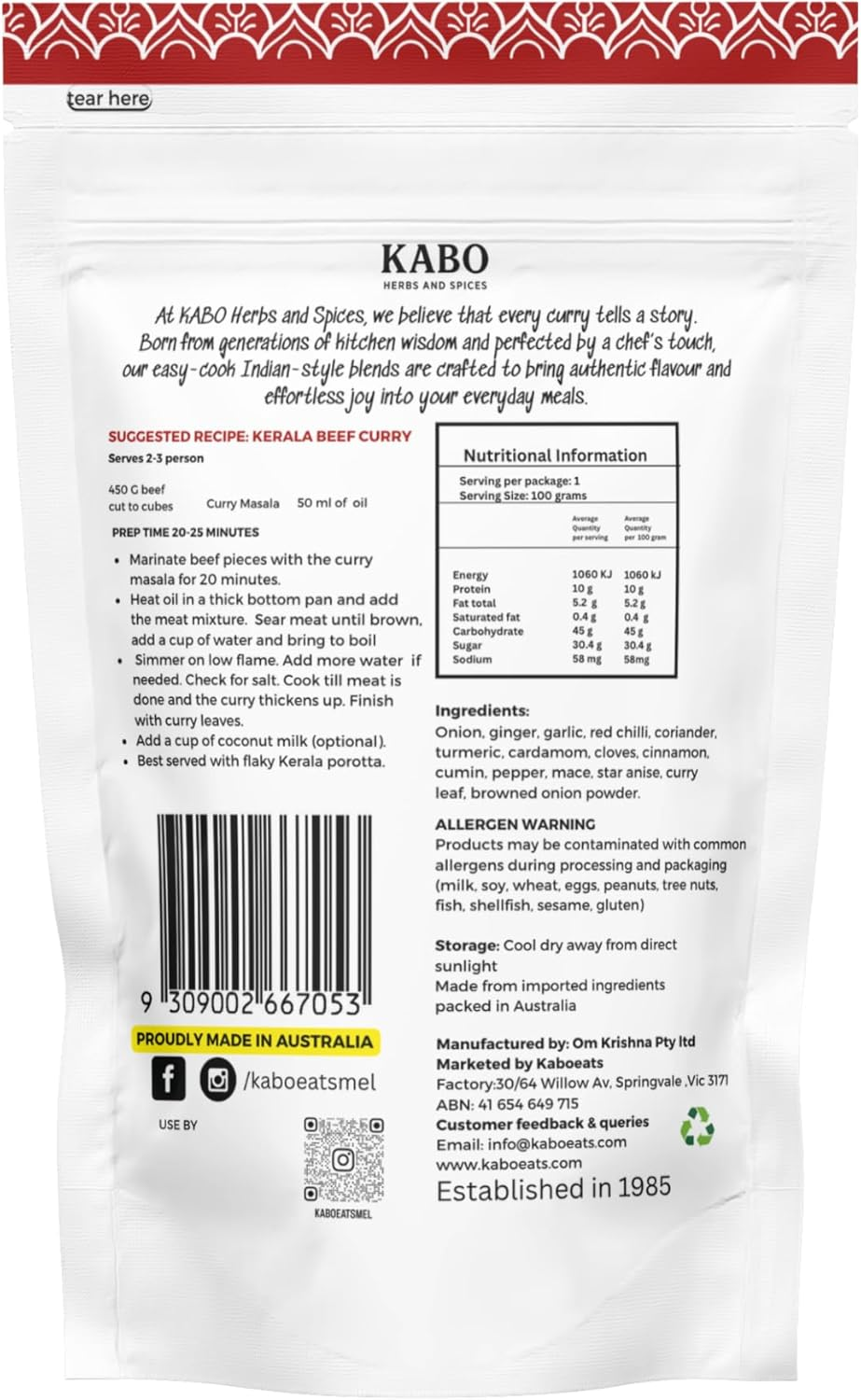 KABO Curry Masala 100G (3.52Oz) &ndash; Authentic Indian Spice Blend Complete Mix, No Onion or Tomato Prep Needed for Meats, Vegetables, Paneer, Lentils & Egg Medium Heat, 100% Natural, Vegan, No Additives, Ziplock Pouch image number 3