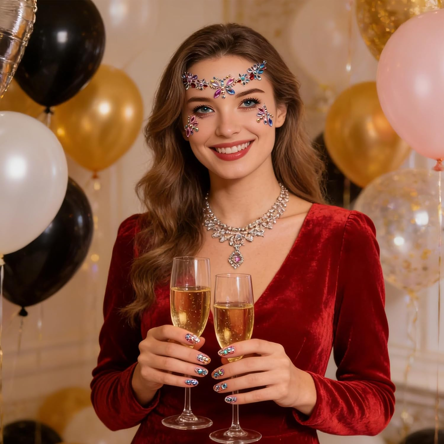 Pack of 6 Face Stick-Ons & Nail Stick-Ons, Rhinestone Glitter for the Eyes, Temporary Tattoos for the Face, Sticks-Ons for Music Festivals, Rave Parties, Halloween, Christmas, Birthdays, Carnival image number 3