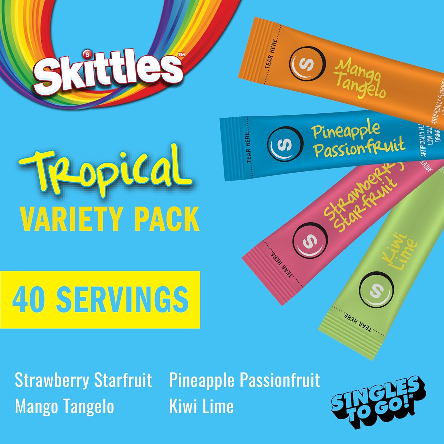 Skittles Singles to Go Tropical Flavors Variety Pack, Powdered Drink Mix, Includes 4 Flavors, Strawberry Starfruit, Mango Tangelo, Kiwi Lime, Pineapple Passionfruit, 40 Count image number 1