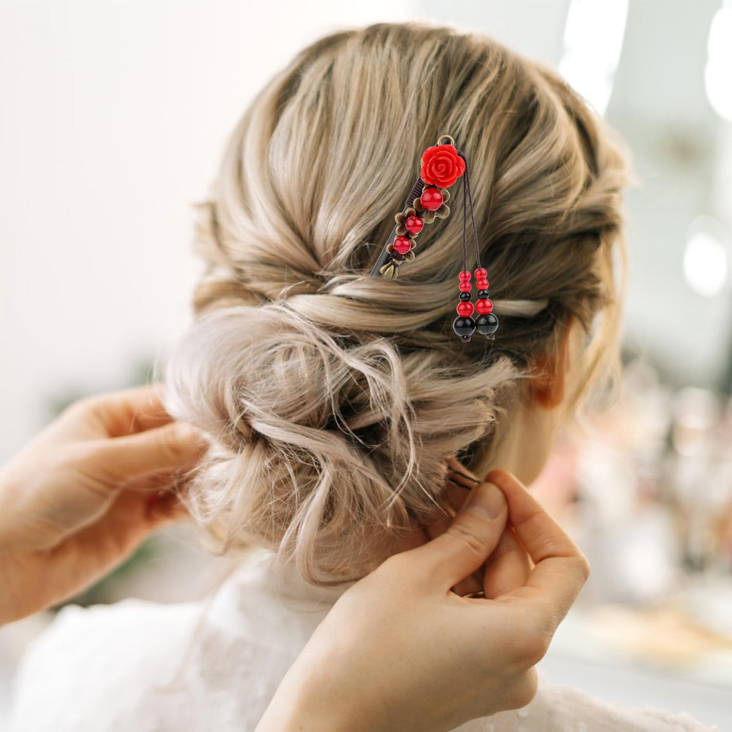 2Pcs Chinese Hair Sticks, Retro Vintage Chinese Hair Pins Rose Flower Hair Chopsticks Asian Japanese Handmade Wooden Hairpin Traditional Hanfu Pin Classic Hair Holder Accessories for Women Long Hair image number 4