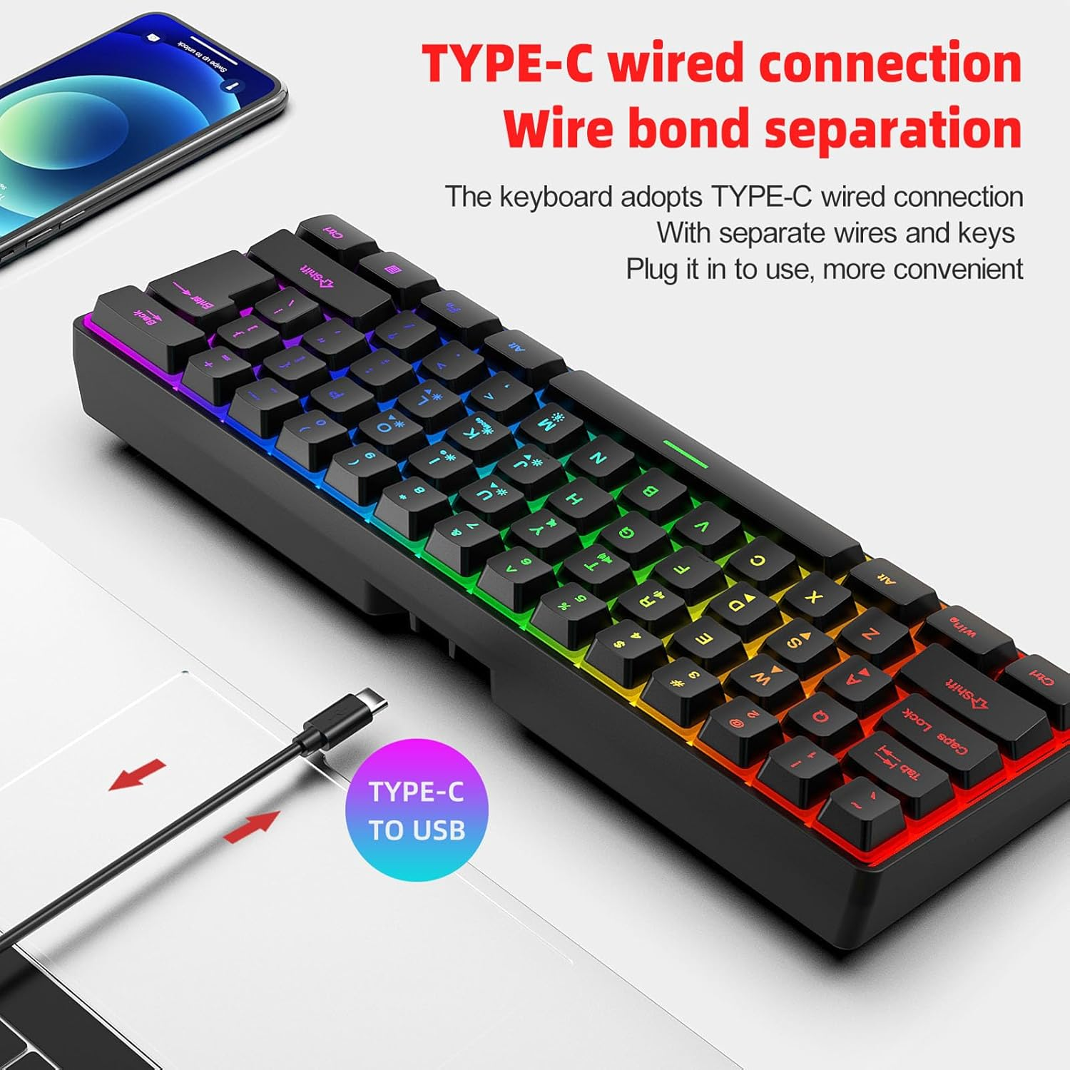 Diyeeni 61 Keys Wireless Gaming Keyboard, 2.4Ghz Wireles Computer Keyboard, 60% Compact Layout Rechargeable Keyboard Supports Sleep Mode for PC Laptop image number 1
