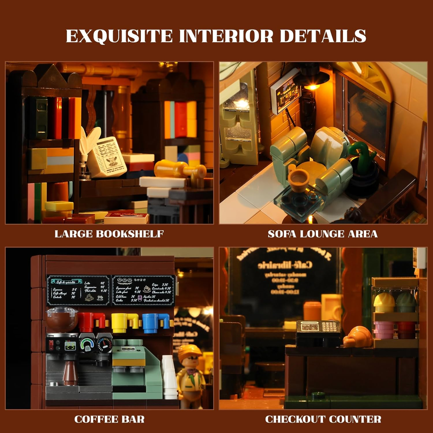 Funwhole Book-Cafe Lighting Building-Bricks Set - City Town Coffee House LED Light Modular Construction Building Model Sets 1718 Pcs for Adults and Teen image number 5