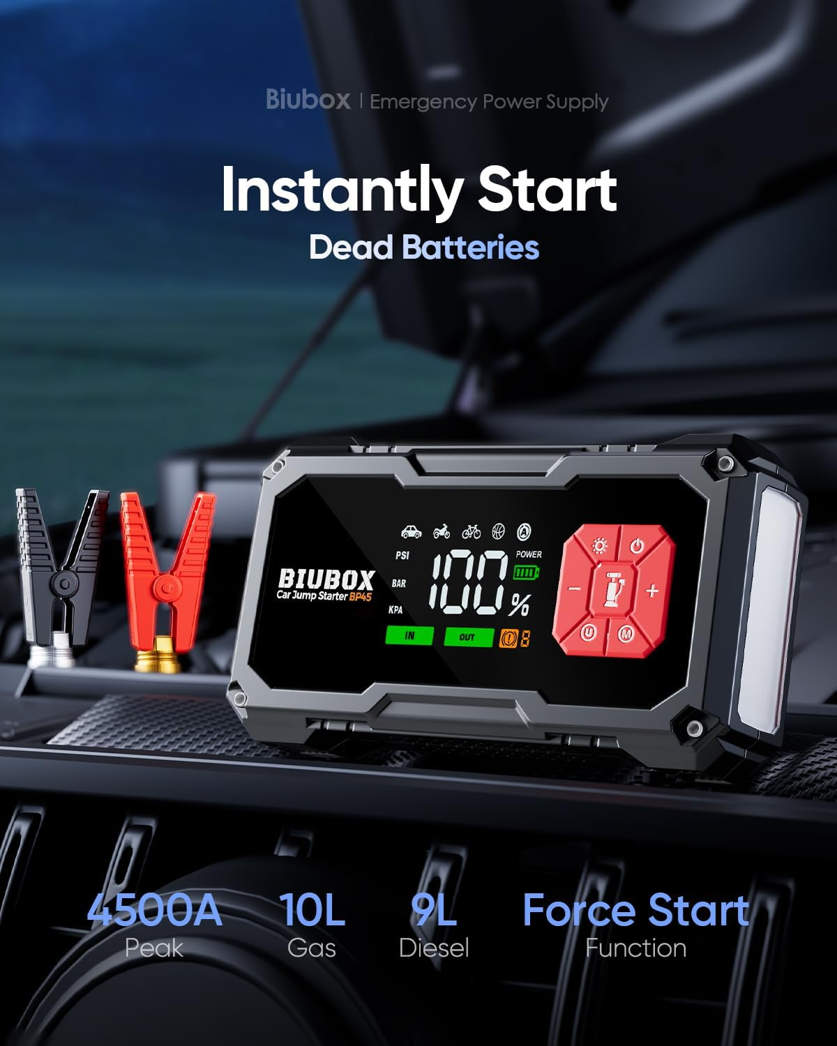 Car Jump Starter with Tyre Inflator 150PSI, Biubox 4500A 12V Portable Car Battery Jump Starter Power Bank Charger with Air Compressor, Jumper Leads, LED Display, Lights, Gloves (10L Gas/9L Diesel) image number 4