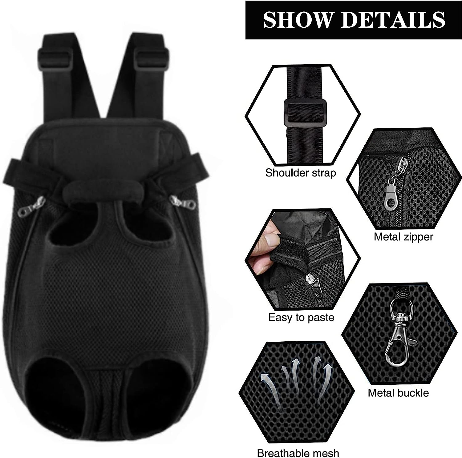 Pet Carrier Front Pack - Adjustable Pet Front Cat Dog Carrier Backpack Travel Bag, Legs Out, Easy-Fit for Traveling Hiking Camping for Small Medium Dogs, Size L, Black image number 3