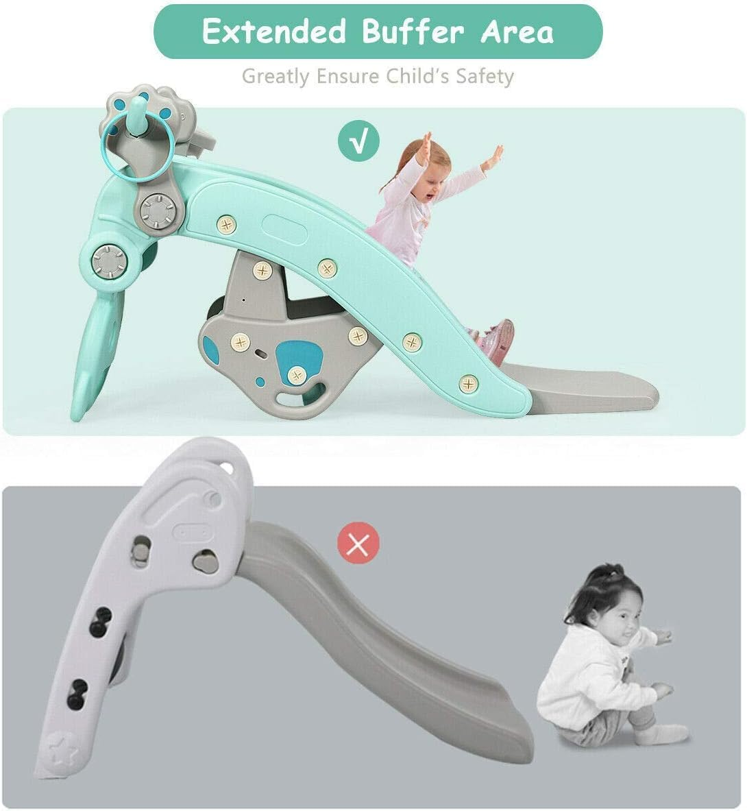 HONEY JOY 4-In-1 Kids Rocking Horse, Portable Toddler Ride on Rocking Toy with Slide, Basketball Hoop & Ring-Toss Game, Foldable Toddler Playground Slide Climber for Boys and Girls (Blue Bear) image number 3