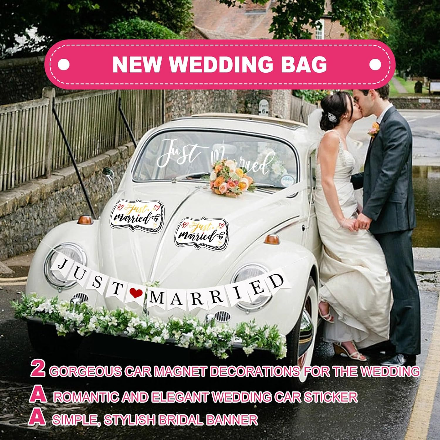 4 Pcs Just Married Wedding Car Decorations - Include Just Married Ornate Car Magnets 12X7, Just Married Car Wedding Day Car Window Decals 22.4X5, Just Married Sign Banner Car for Honeymoon Wedding image number 1