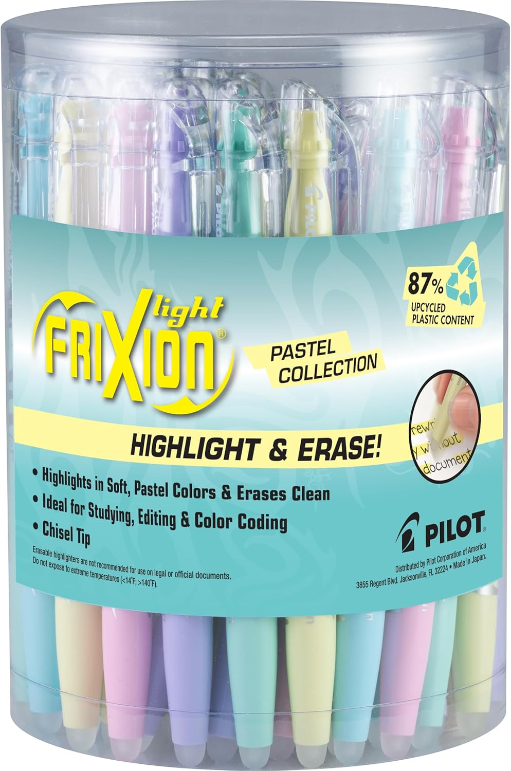 PILOT, Frixion Light Pastel Erasable Highlighters, Chisel Tip, Pack of 5, Pastel Blue, Pink, Yellow, Green & Purple