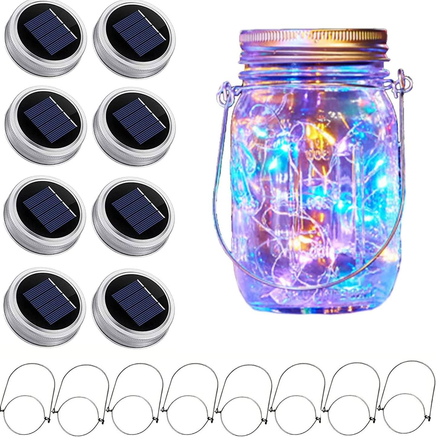 Solar Mason Jar Lid String Lights, 8 Pack 20 Led String Fairy Star Firefly Jar Lids Lights with 8 Hangers Included (Jars Not Included), for Mason Jar Patio Garden Wedding Lantern