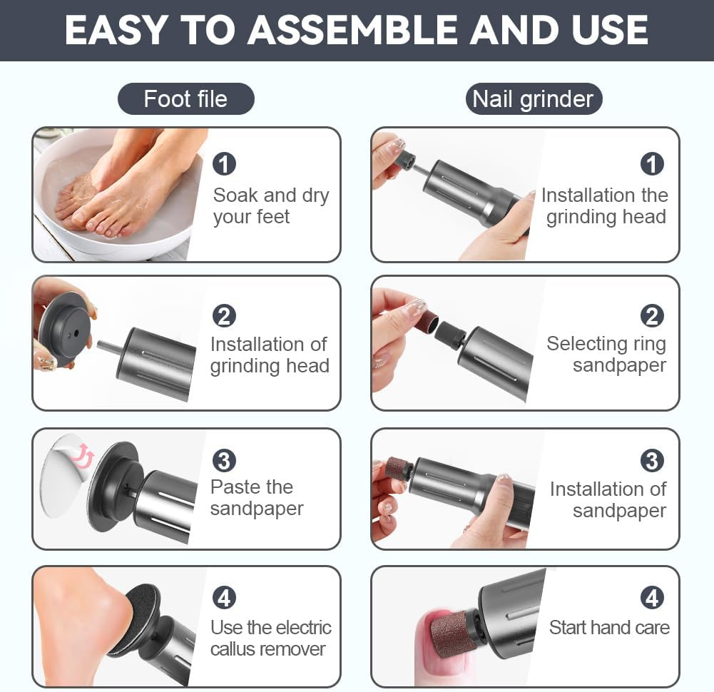 AOOWU Electric Callus Remover, 6 Adjustable Speed Pedicure, 2 in 1 Electric Foot Callus Remover with Foot Files and Nail Polisher, for Cracked Heels, Callus, Dead image number 6