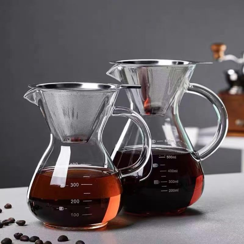 KFKAA V60 Pour over Coffee with Reusable Double-Layer Stainless Steel Filter, 600Ml/20Oz Bpa-Free Glass Drip Coffee for Home, Cafe, Office