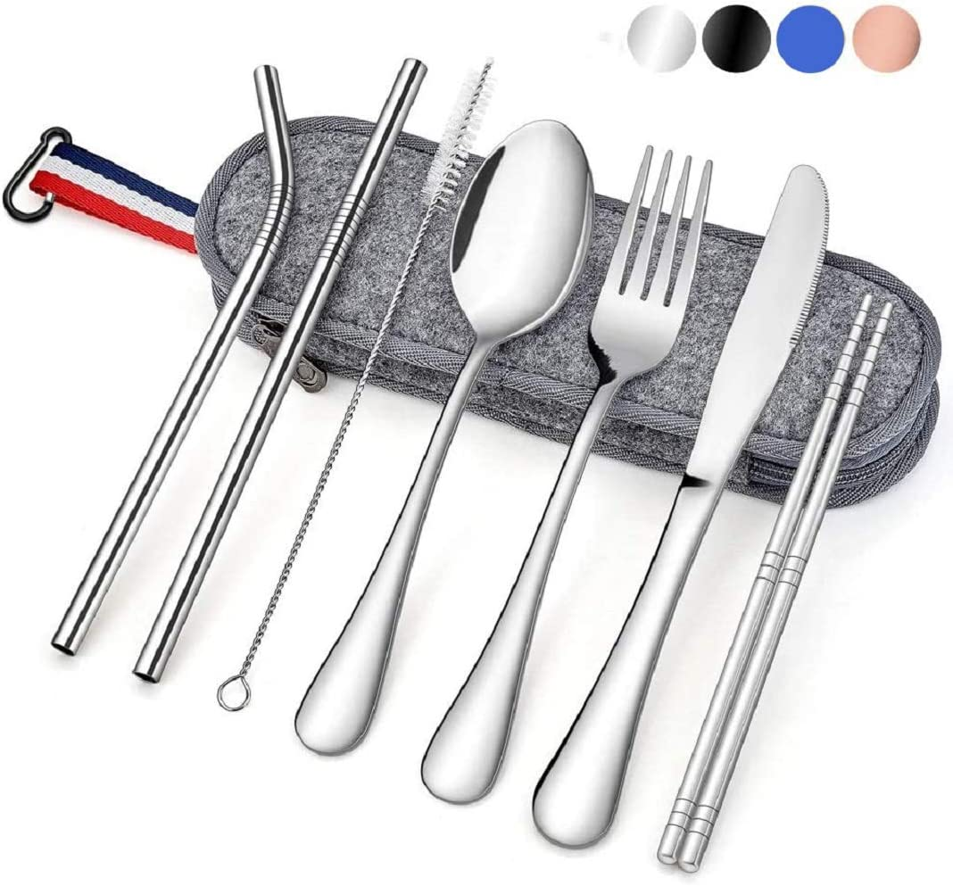 Travel Cutlery Set | Portable Camping Utensils Set Including Knife Fork Spoons Straws Chopsticks Cleaning Brush, Reusable Travel Cutlery Kit Stainless Steel [8 Piece Silver] image number 6