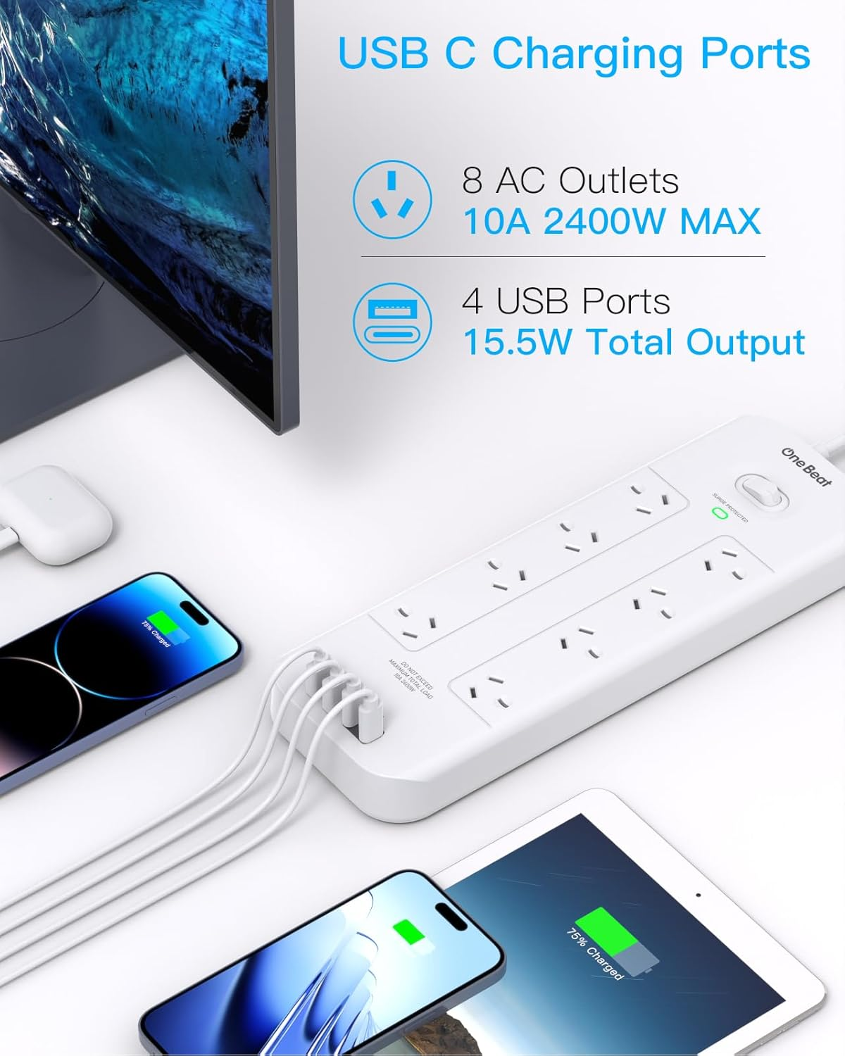 Power Board Surge Protected, 8 Widely Outlets with 4 USB Ports(2 USB a 2 USB C Charging Port), USB Power Board with 2M Extension Cord, 900J Surge Protection, Flat Plug, Wall Mount for Home Office image number 5