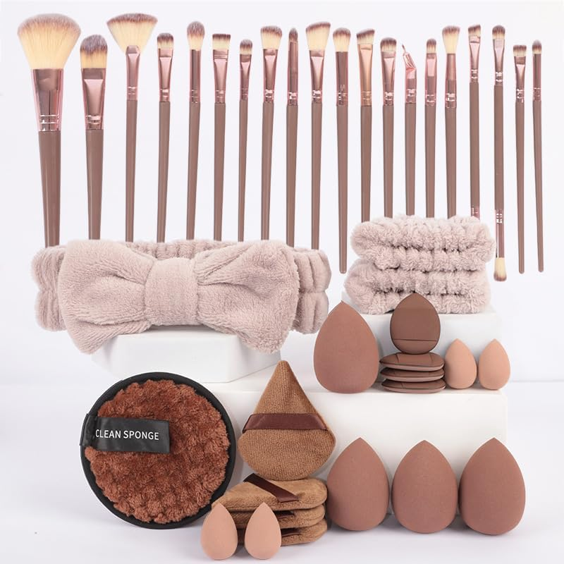 40 PCS Professional Makeup Brush Tools Set, Puff, Cosmetic Brush Sponge, Brush Cleaning Bow Set, Headband, Facial Makeup, Cleaning Accessories, Makeup Products, Valentine Day Item - Coffee image number 4