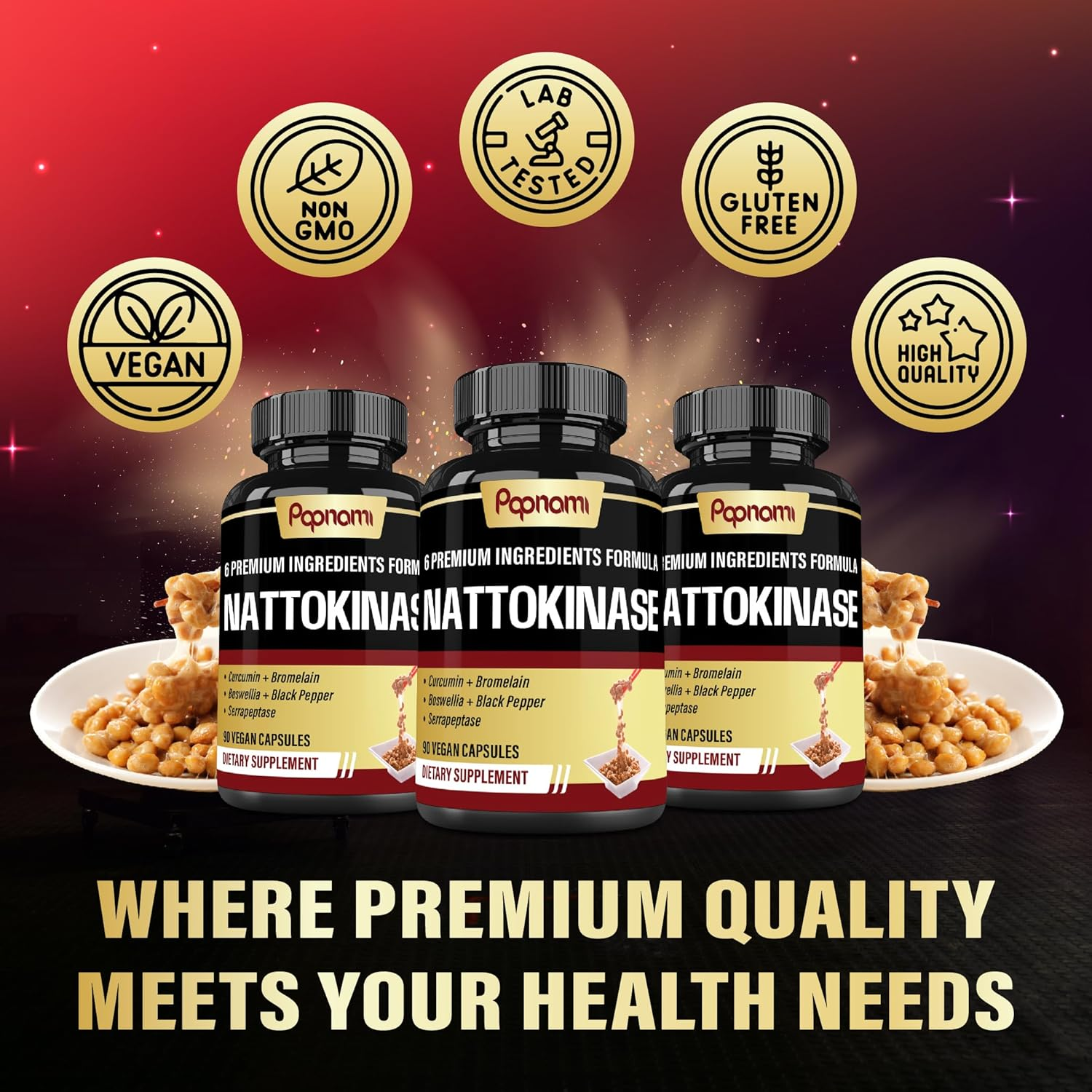 6-In-1 Nattokinase Supplements - Blended with Serrapeptase, Curcumin Extract, Bromelain, Boswellia & Black Pepper - Support Natural Antioxidant - 90 Count image number 2