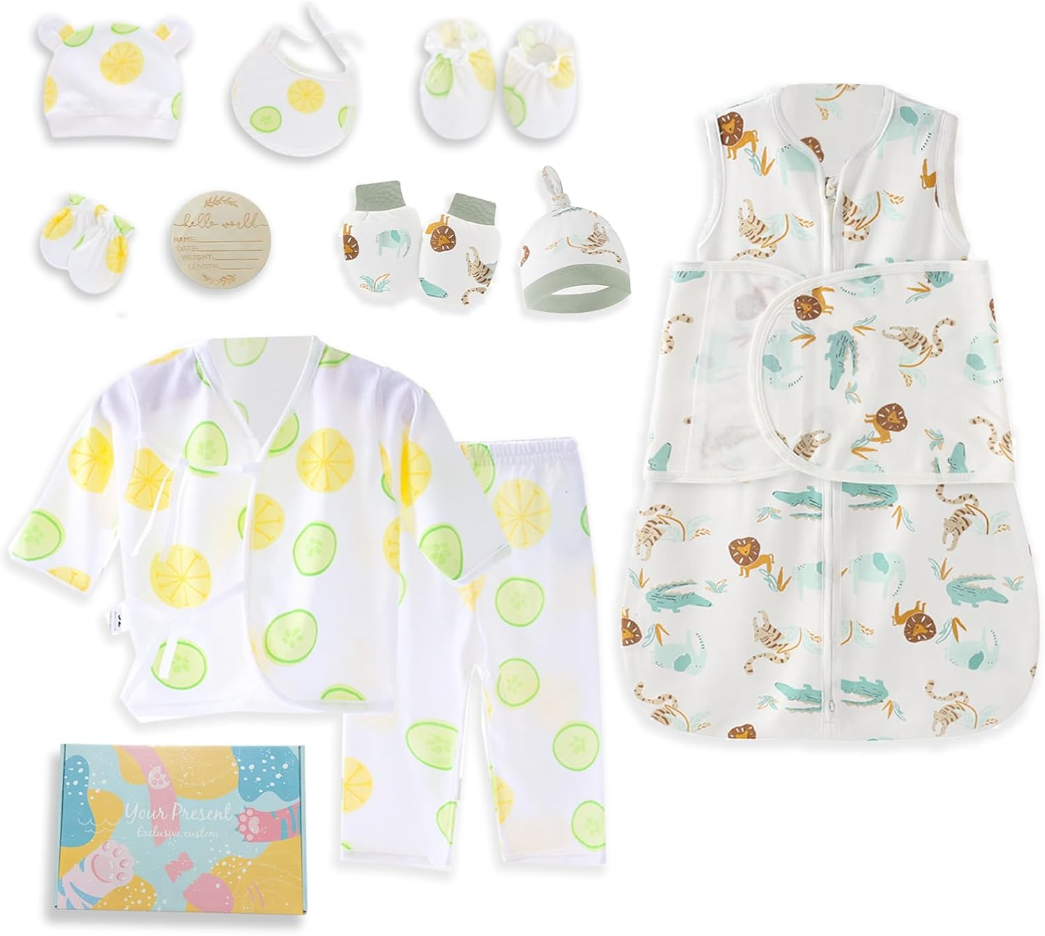 10-In-1 Packaging Newborn Baby Gift Set,100% Cotton Clothing, Announcement Board for New Baby,T-Shirt Set and Winged anti Startle Swaddling image number 2