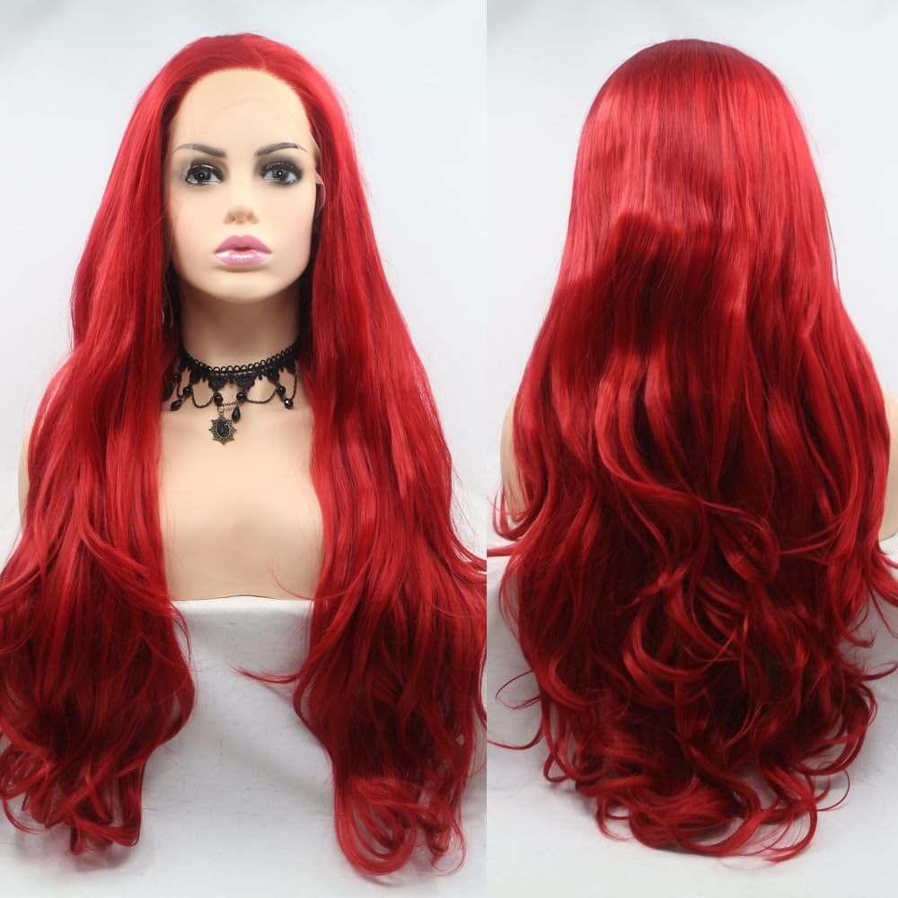 Xiweiya Burgundy Wavy Hair Long Wine Red Wig Side Parting Soft Lace Front Wig Heat Resistant Drag Queen Wigs Replacement Wig Cosplay Wigs 24 Inch image number 6