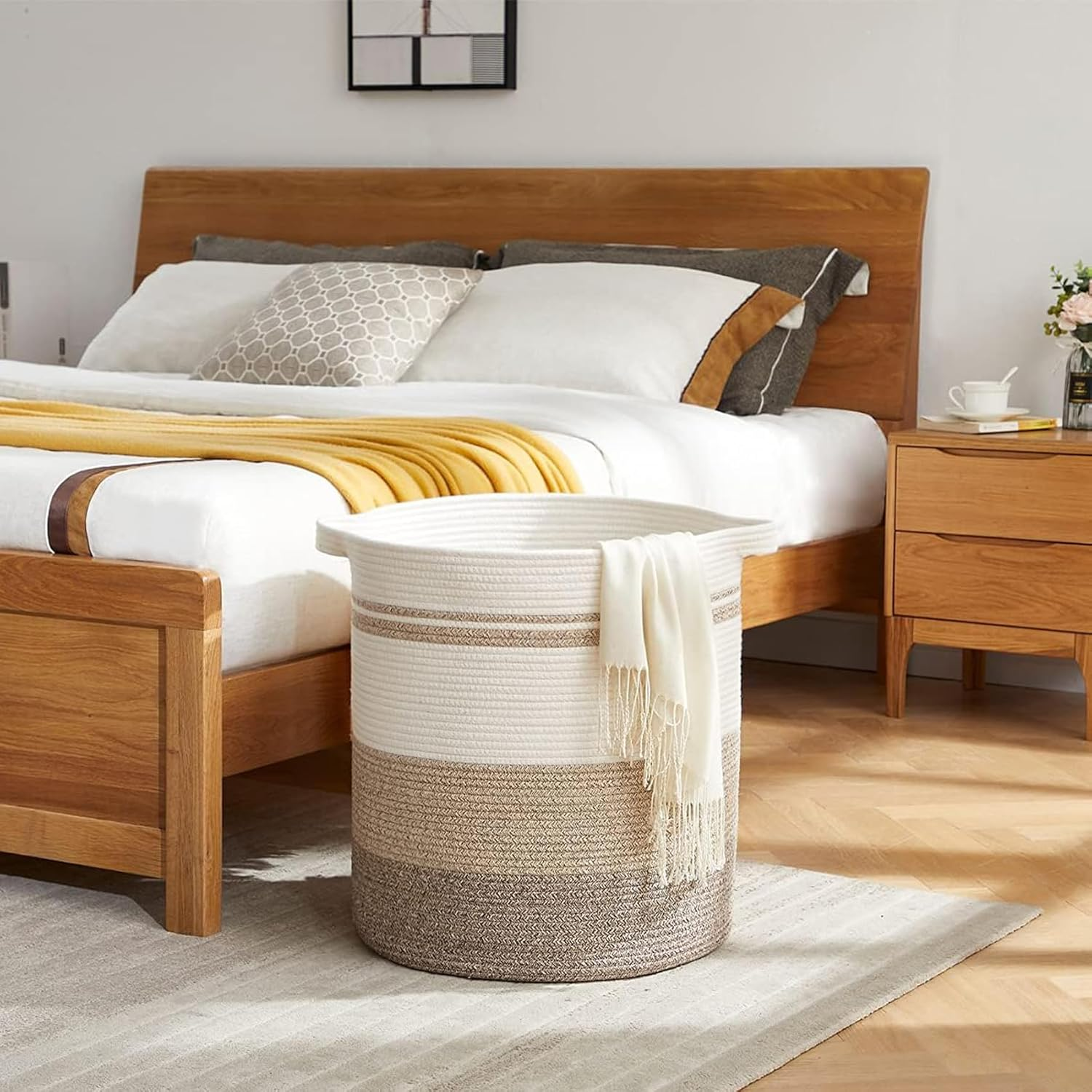 Woven Cotton Rope Laundry Storage Basket with Handles, round Hamper for Pillow, Clothes, Blanket,Toys, 45 * 45 * 50Cm White Yellow image number 3