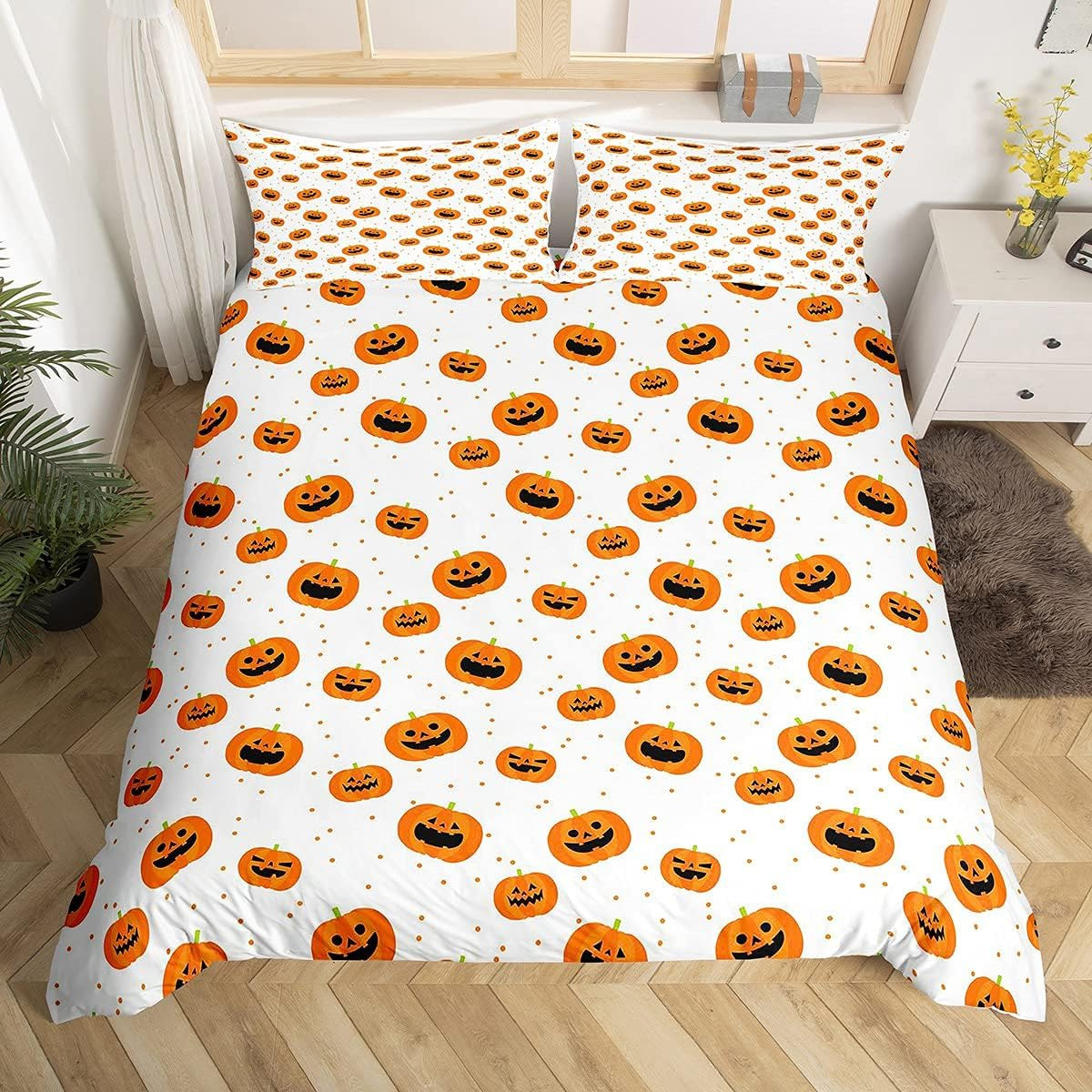 Loussiesd Boys Skull Duvet Cover Pumpkin Lantern Bedding Set for Kids Teens Halloween Horror Ghosts Bats Decor Brown Quilt with 2 Pillowcases 3Pcs Bedding Double Boys