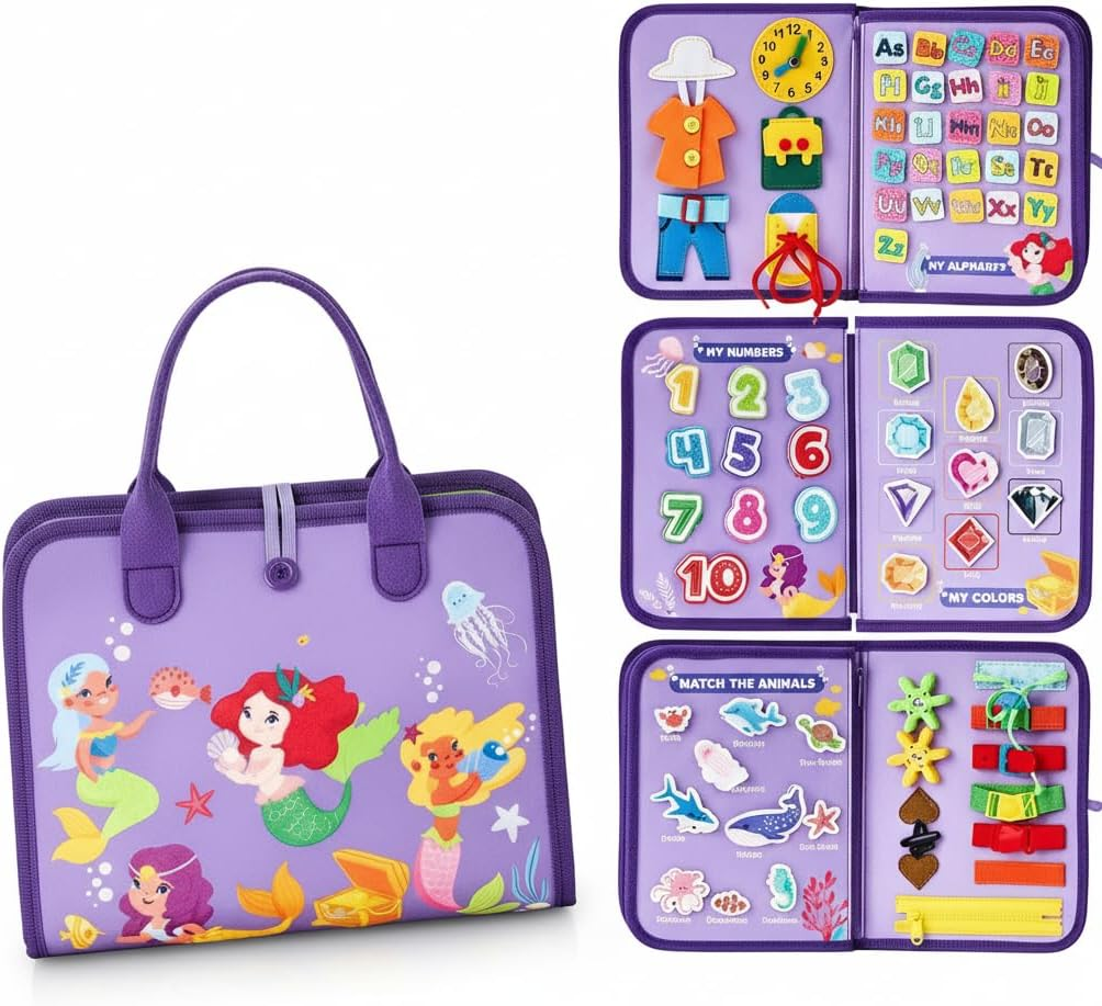 Montessori Busy Book for Toddlers &ndash; Sensory Learning Travel Toys, Busy Board Activity Book for Plane, Car & Preschool &ndash; Educational Birthday 1 2 3 4 5 6 Year Old Boys & Girls (Purple)