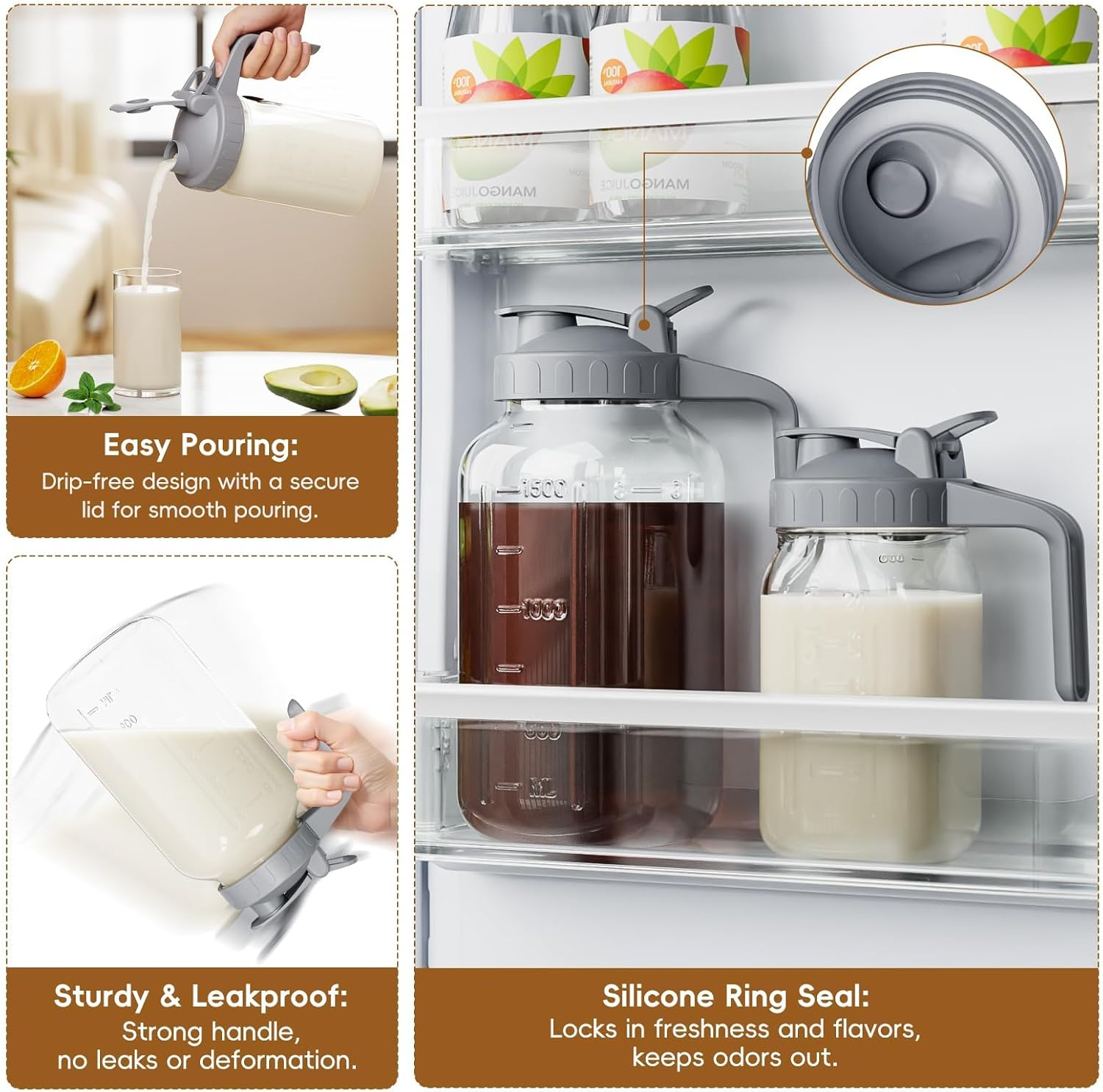 950ML Glass Pitcher with Lid, Breast Milk Pitcher Jug, Glass Mason Jar Airtight Pitcher with Pour Spout Handle for Breastmilk