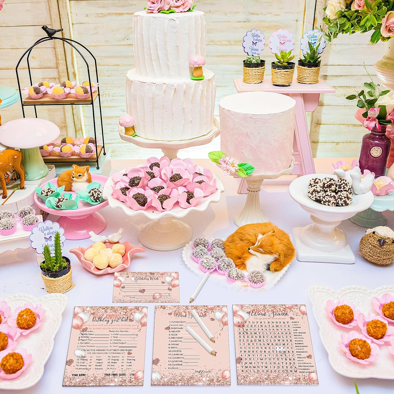 Birthday Party Cards 100 Pcs Who Knows the Birthday Girl Cards with 20 Pencils Girly Pink Sprinkles Birthday Cards Set for Child Teen Adults Sweet Sleepover Party Supplies, 4 Activities image number 2