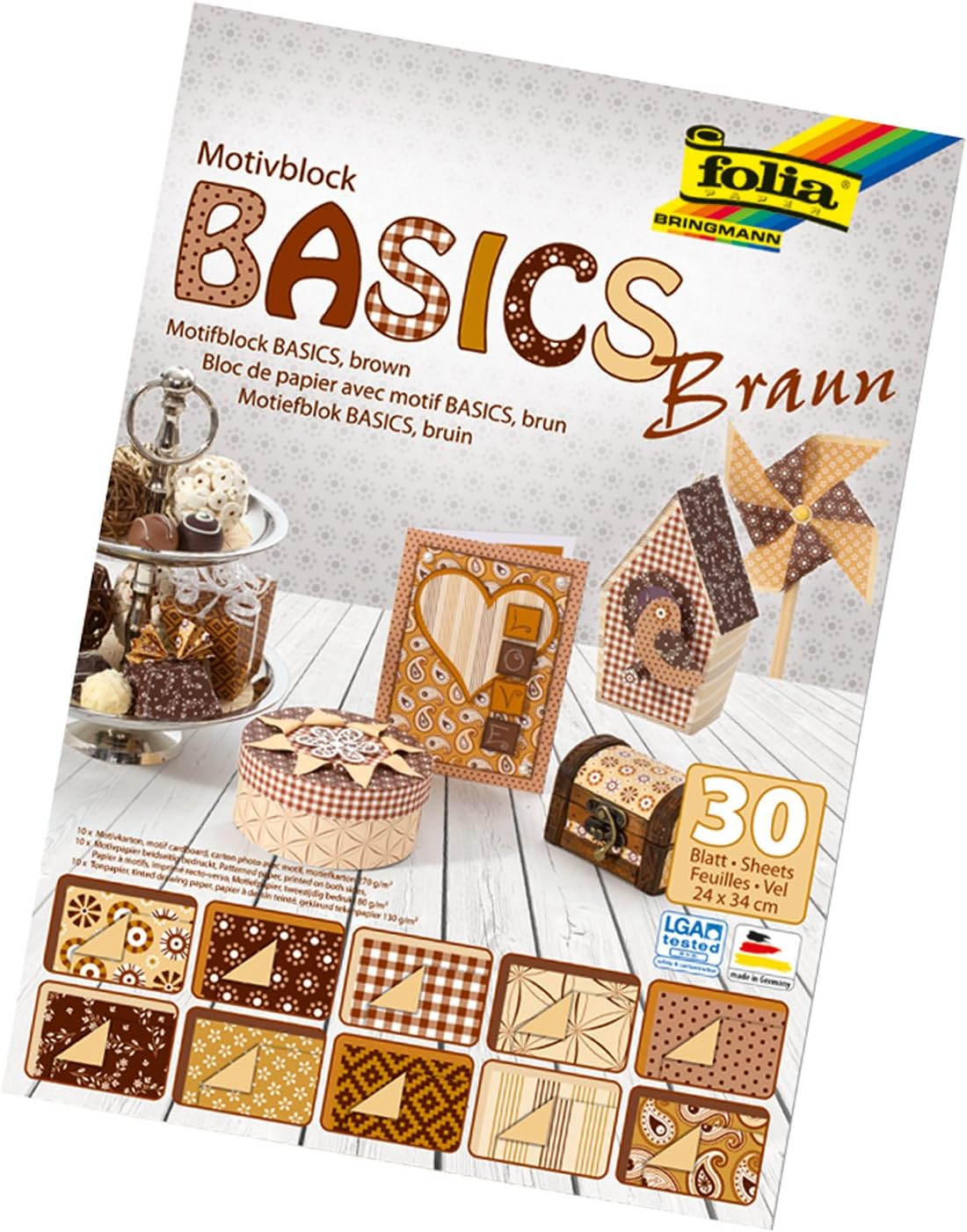 Folia Basics 46149 Motif Pad 24 X 34 Cm, 30 Sheets, 10 X Motif Cardboard, 10 X Motif Paper, 10 X Coloured Paper, for Various Crafts