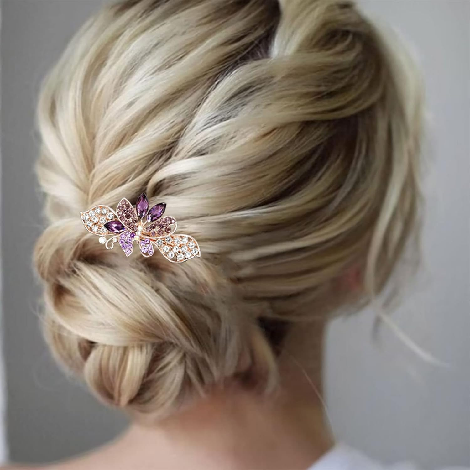 Tseenyi Crystal Flower Butterfly Hair Clip Gold Rhinestone Gemstone Hair Clip Bling Bridal Butterfly French Hair Clip Crystal Wedding Headpiece Women and Girls (With Purple Crystal) - Blue image number 2