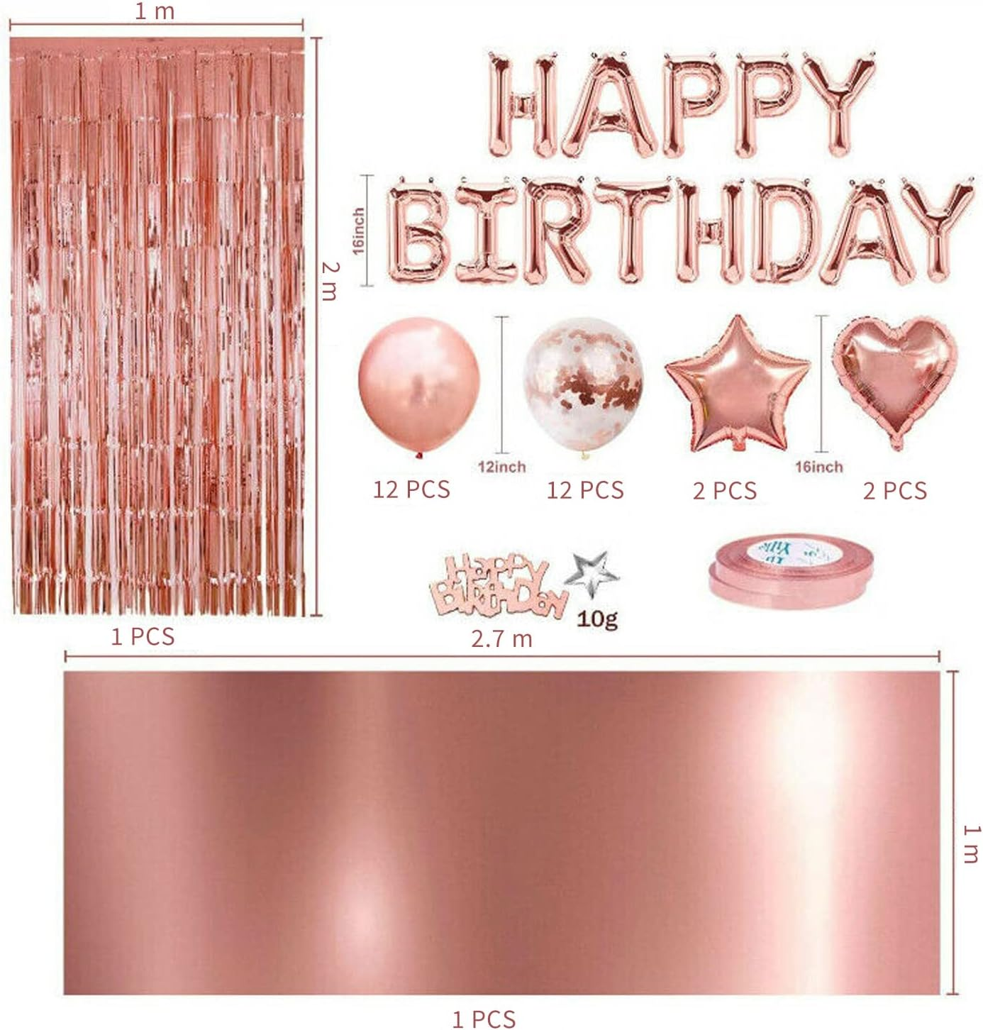 DAWNTREES Birthday Balloons for Girls, Birthday Decorations, Happy Birthday Party Banners, Rose Gold Tassel Curtains, Aluminum Foil Tablecloths, Heart-Shaped Star Foil Confetti Balloons.(Pink) image number 2