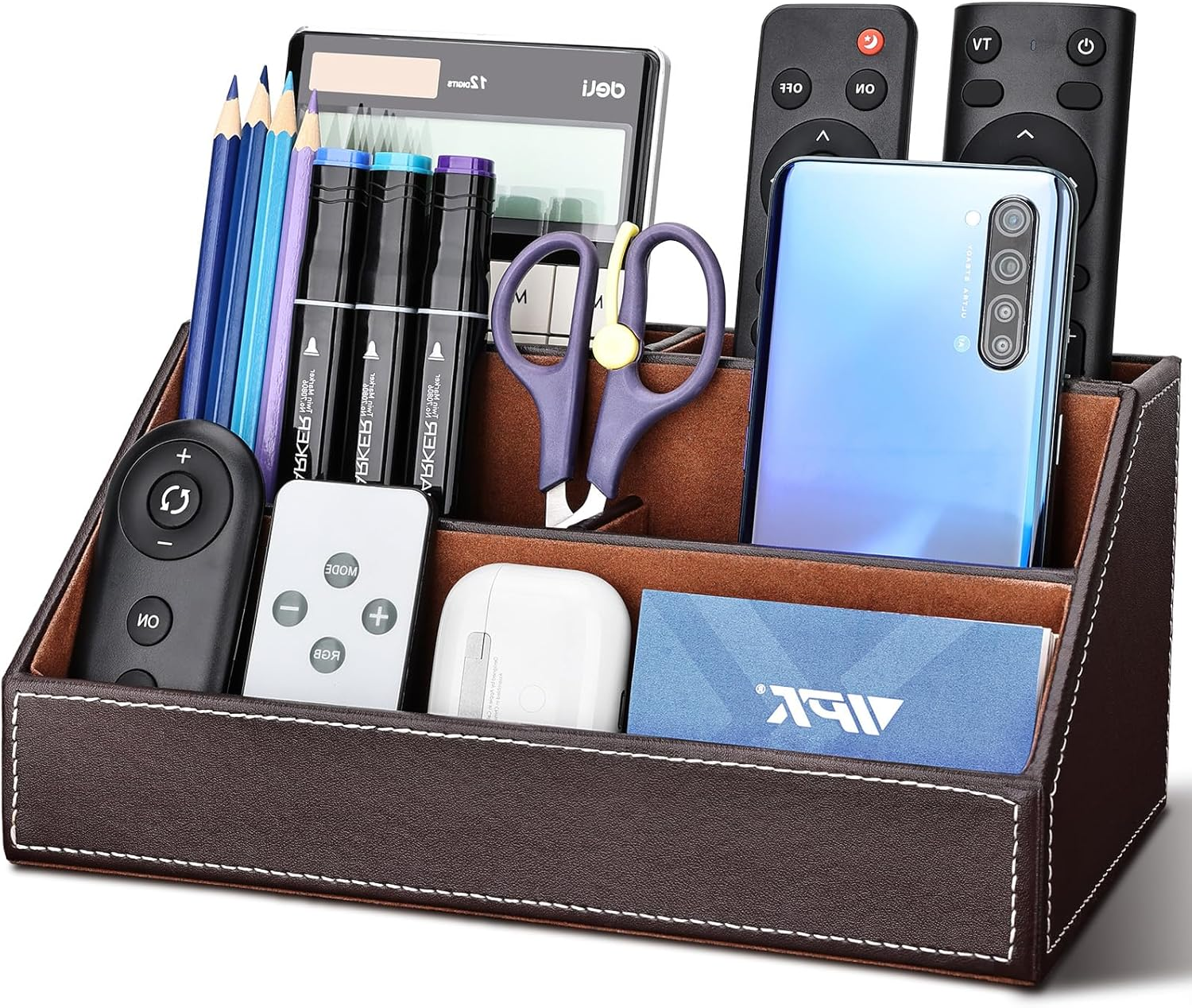 KINGFOM Home Office Wooden Struction Leather Multi-Function Desk Stationery Organizer Storage Box, Pen/Pencil,Cell Phone, Business Name Cards, Note Paper, Remote Control Holder - Black image number 5