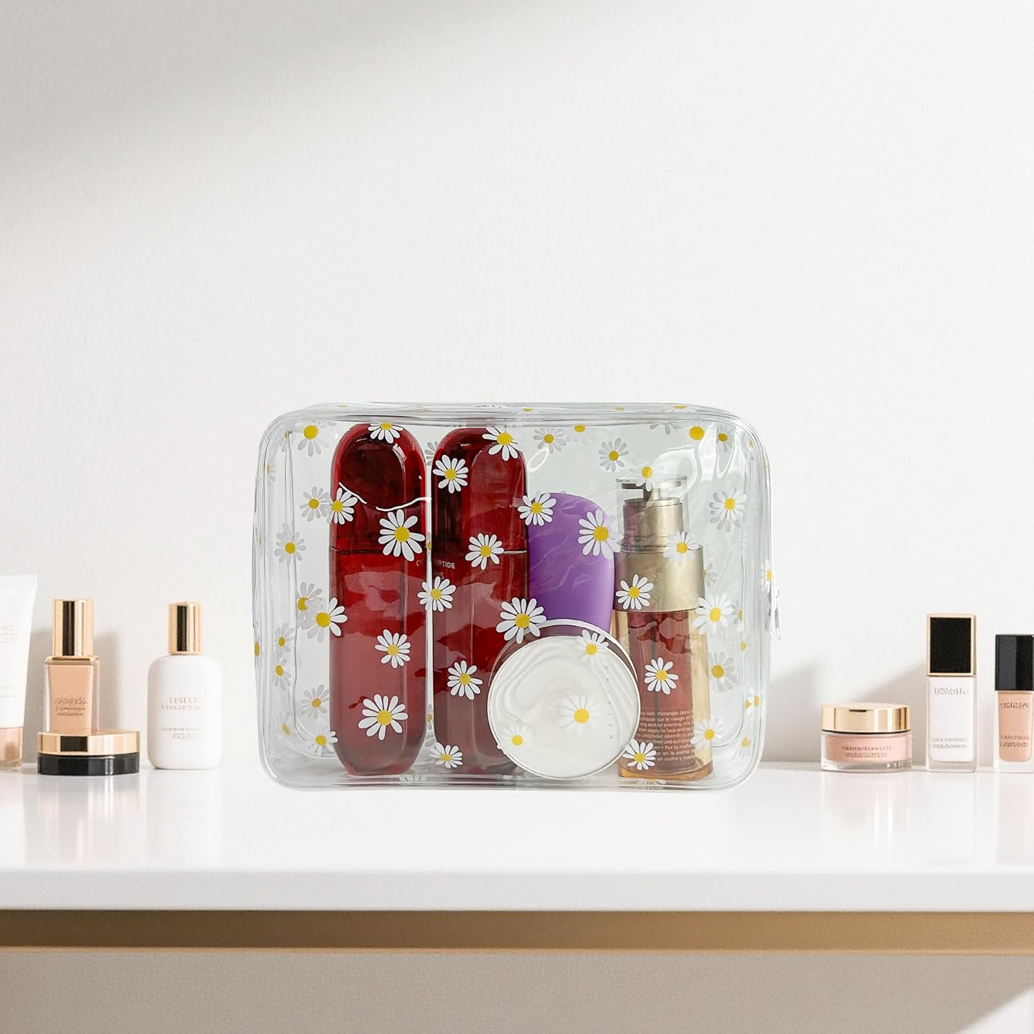 2Pcs Pink Daisy Flower Cosmetic Bag 25Cm X 6Cm X 18Cm Clear image number 3