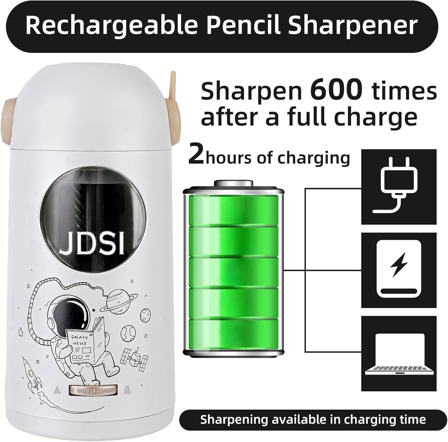 JDSI Lectric Pencil Sharpener Fully Automatic,Auto in & Out, Rechargeable Hands-Free Pencil Sharpener for 7-11.5Mm Jumbo Pencils, Adjustable Pencil Nibs (Whie) - Whie image number 4