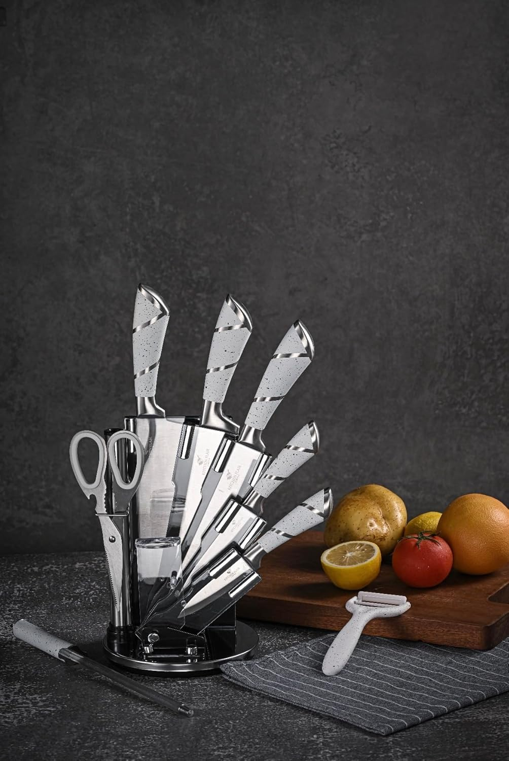 Knife Set 9Pc Stainless Steel, Professional Chef Knives with Ultra Sharp Blade, 360 Degree Rotating Block Stand, Pristine Marble White image number 4